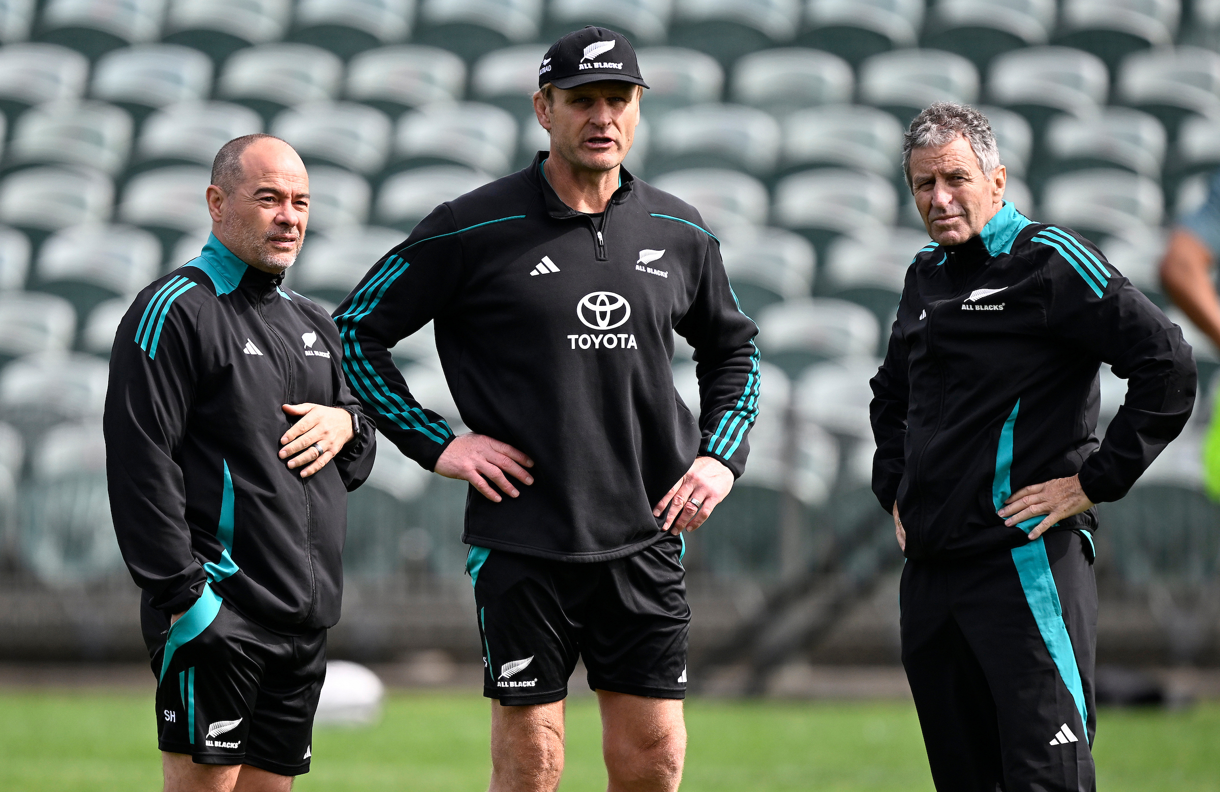 All Blacks assistant coach Scott Hansen (from left), now-former All Blacks head coach Scott Robertson and New Zealand Rugby performance coach Sir Wayne Smith. Photo / Photosport