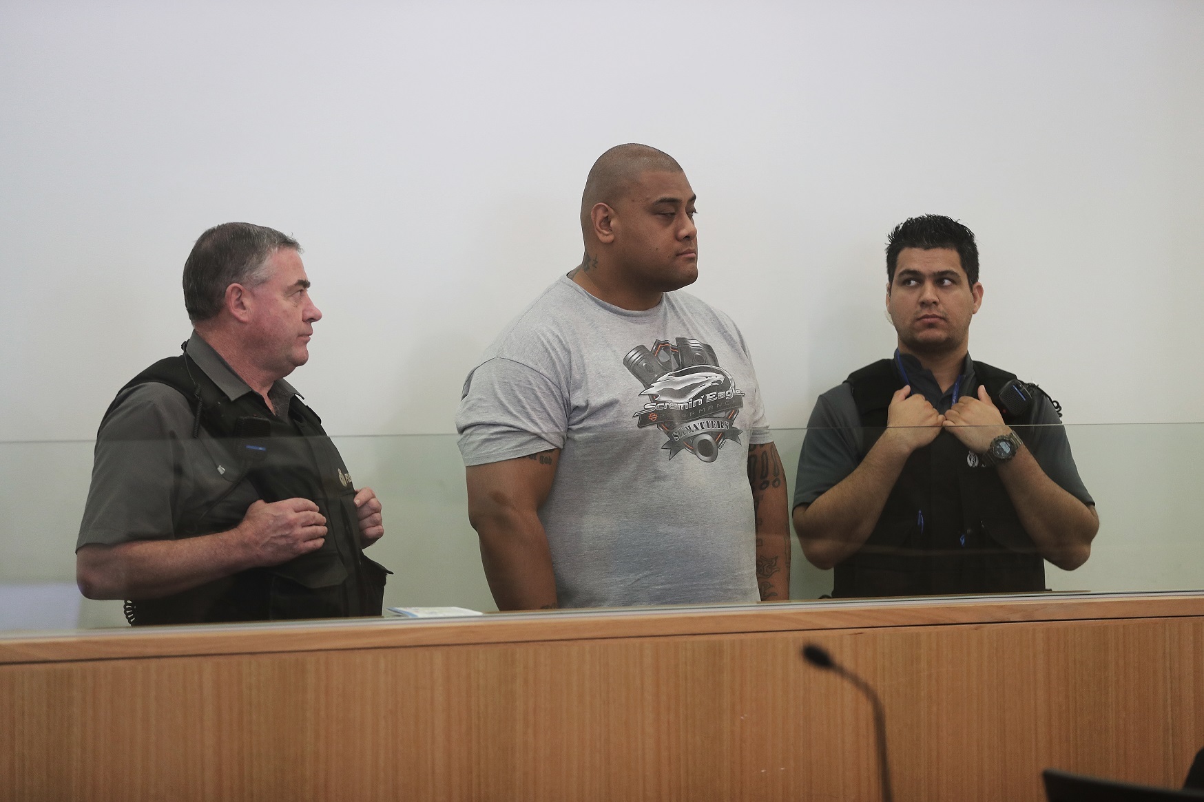 Akustino Tae at his first appearance at Manukau District Court after shooting his former friend Josh Masters. Photo / Doug Sherring