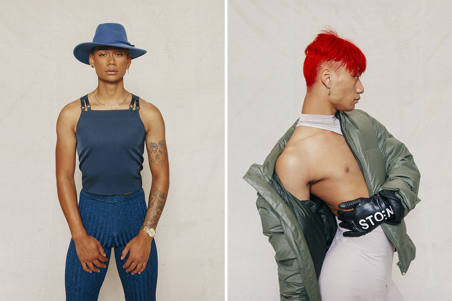 Left: Antony Sua wears brixton hat. Right: Ethan Hika wears Entire Studios bodysuit and puffer jacket, Stolen Girlfriends Club gloves. Photos / Hohua Ropate Kurene