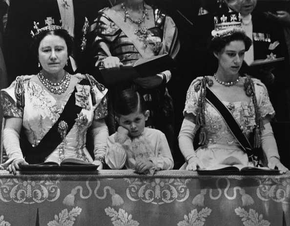 Prince Charles with his Aunt, Princess Margaret (r) and his Grandmother, Elizabeth the Queen Mother, at the 1953 Coronation of his mother, Queen Elizabeth II. Photo / Getty