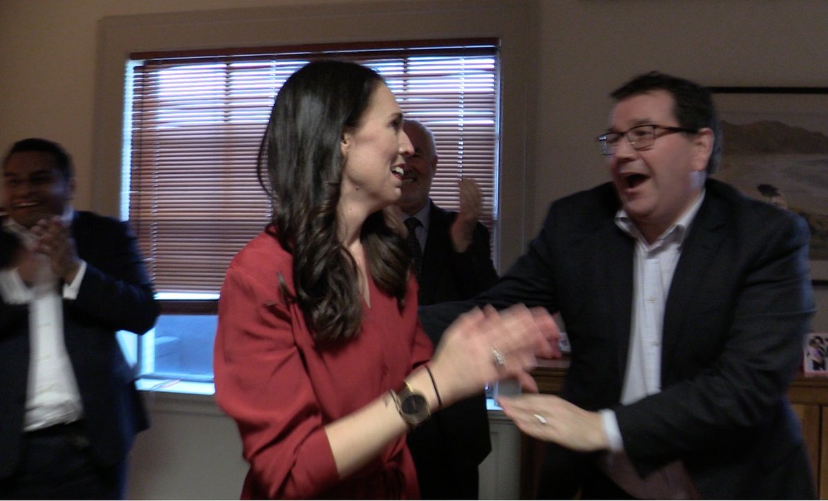 Labour leader Jacinda Ardern and deputy Grant Robertson react to NZ First leader Winston Peters' announcement on October 19, 2017. Photo / Clarke Gayford