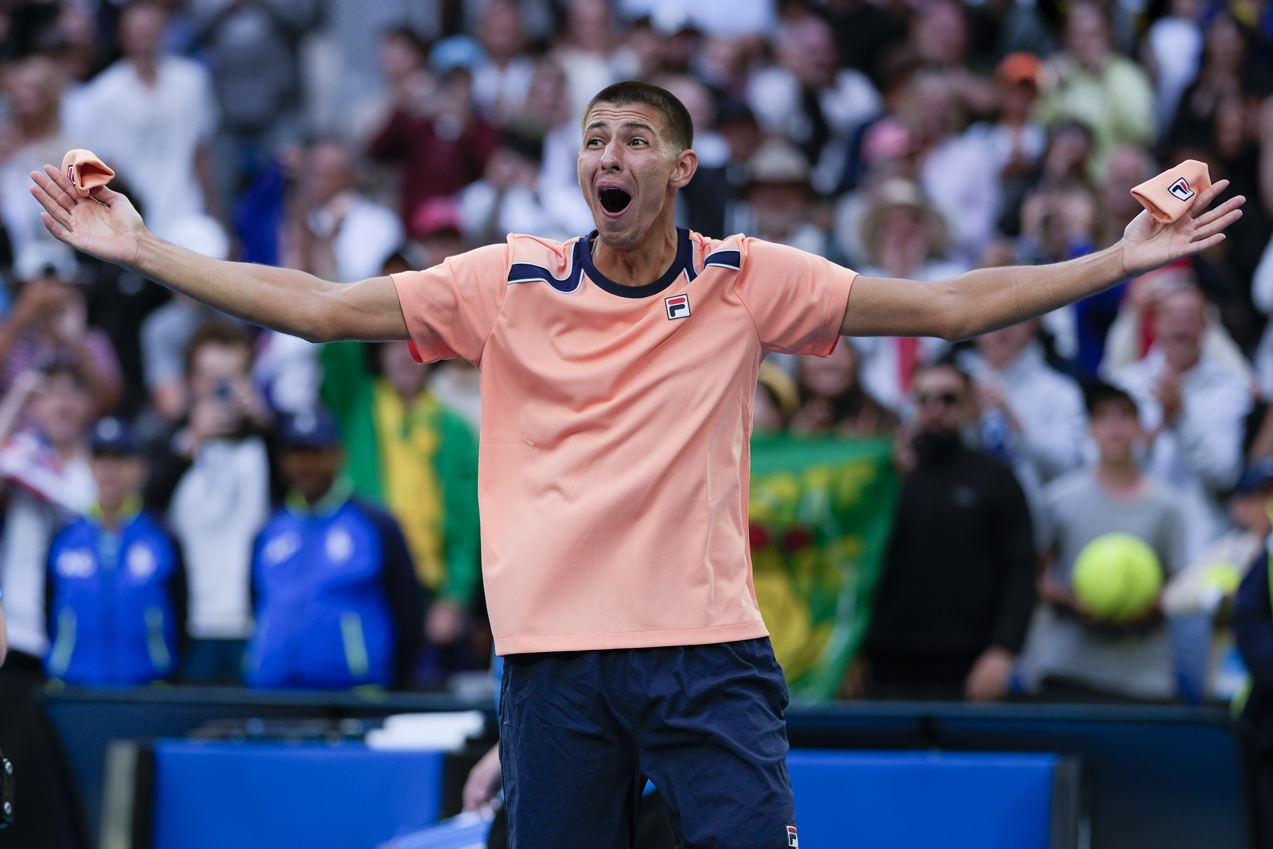 Alexei Popyrin of Australia celebrates after defeating top US seed Taylor Fritz. Photo / AP