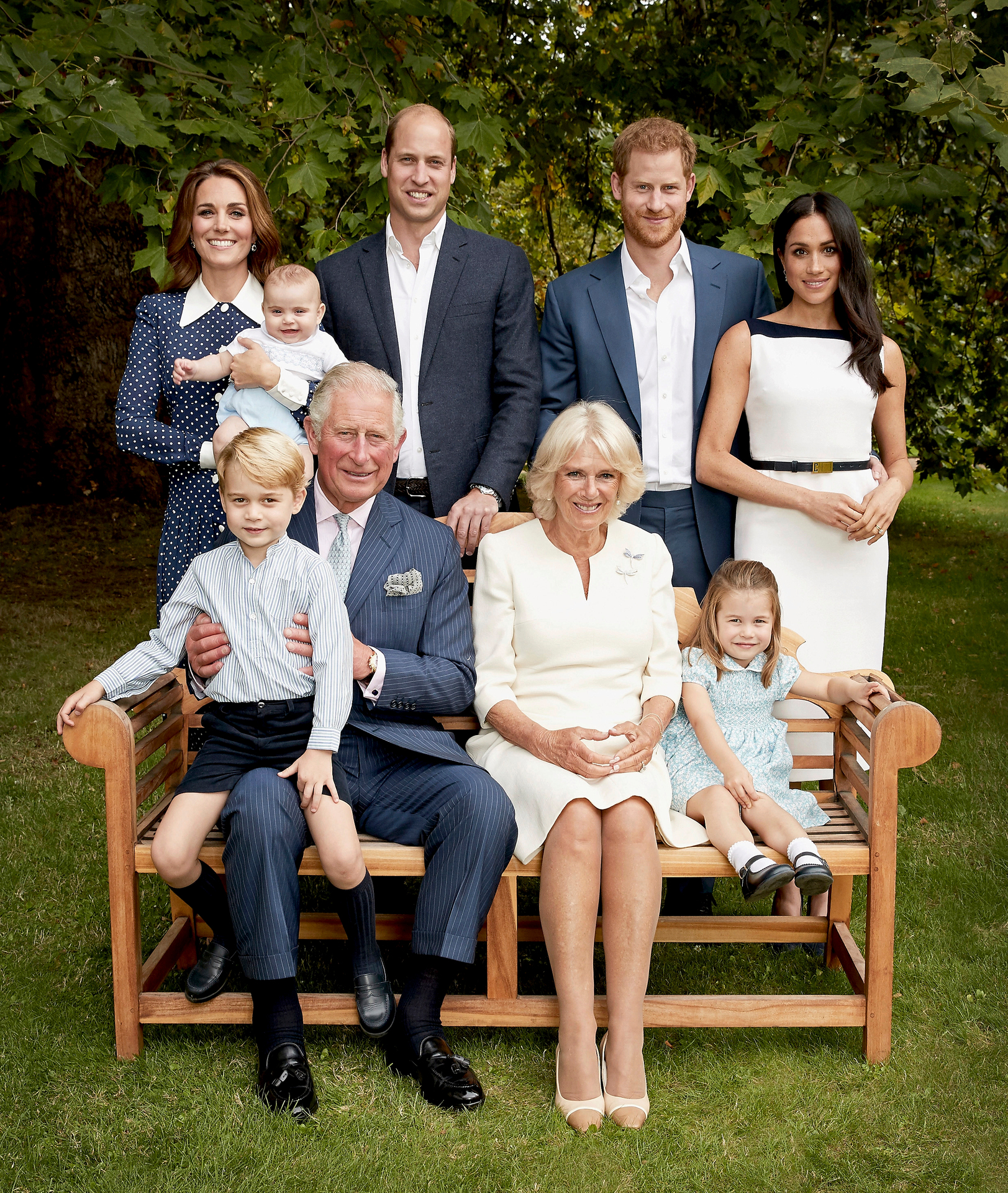 Prince Charles poses for an official portrait to mark his 70th birthday in the gardens of Clarence House, with his family. Photo / AP