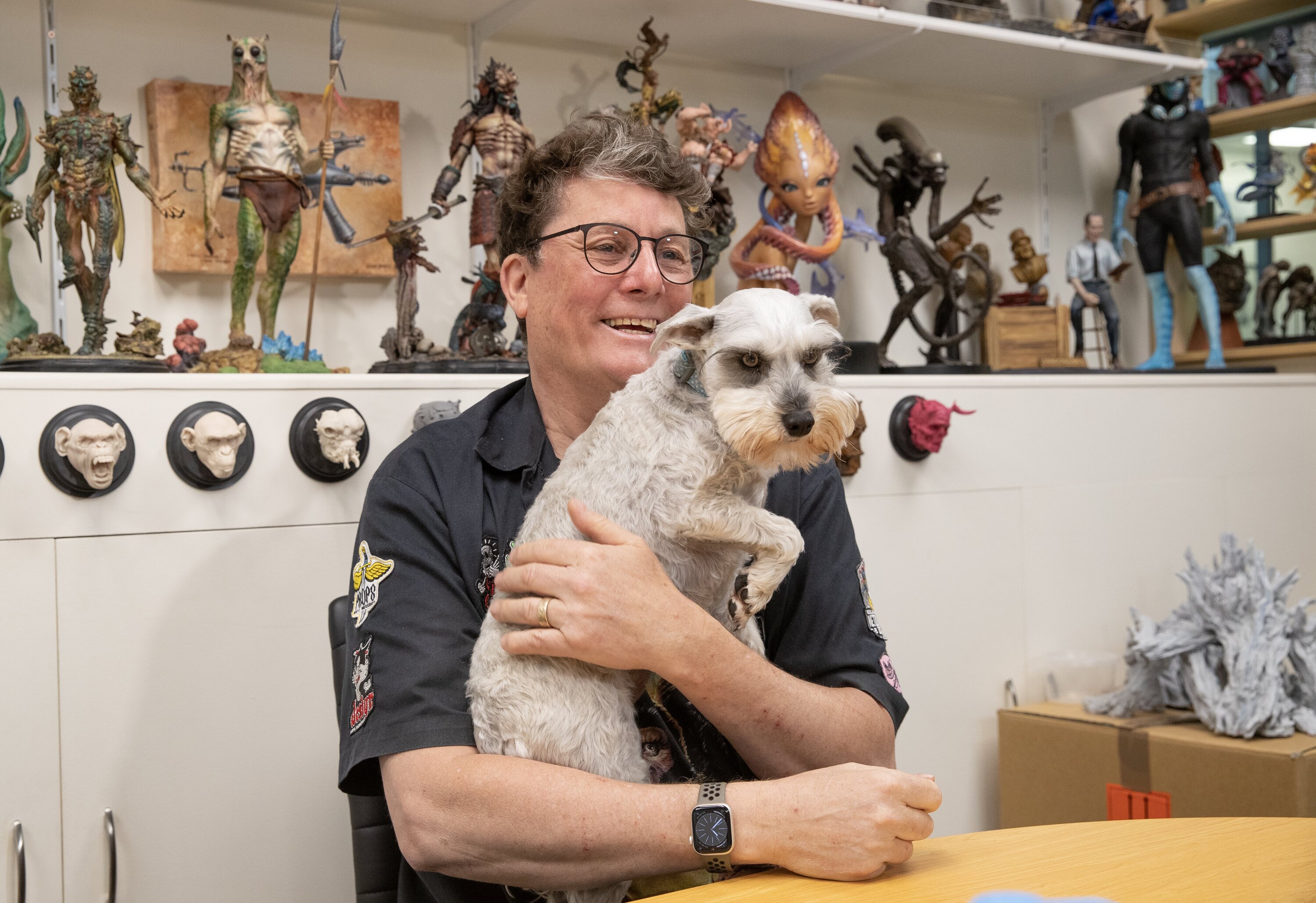 Sir Richard Taylor with his dog Lottie in his office at Wētā Workshop in Wellington. Photo / Mark Mitchell