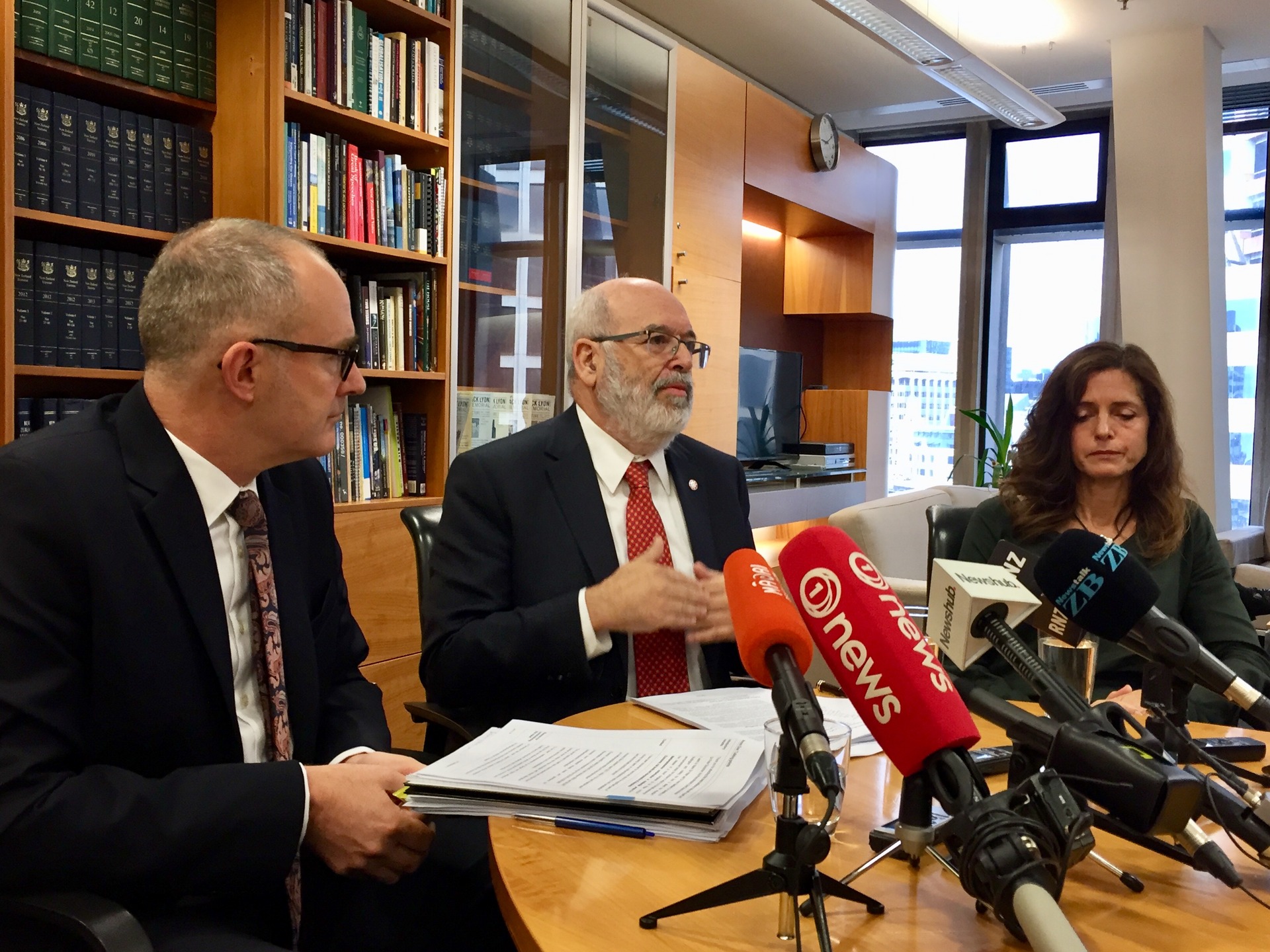 Housing Minister Phil Twyford, Chief Science Adviser Sir Peter Gluckman and report co-author Dr Anne Bardsley speak to reporters about a new meth report. Photo / Lucy Bennett 