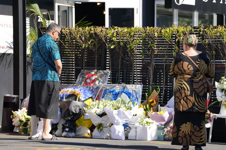 People gather outside Tipene Funerals where Fa’anānā Efeso Collins has been lying in state. Photo / Ben Dickens