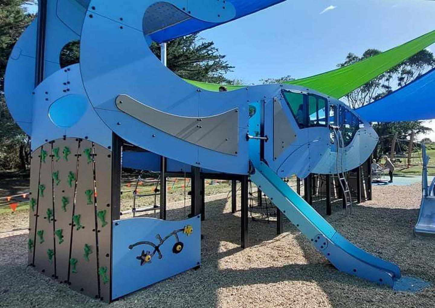 Ahipara's upgraded Korora Park now comes with a new whale playground made in France - only the second of its kind in the world. Photo / Myjanne Jensen