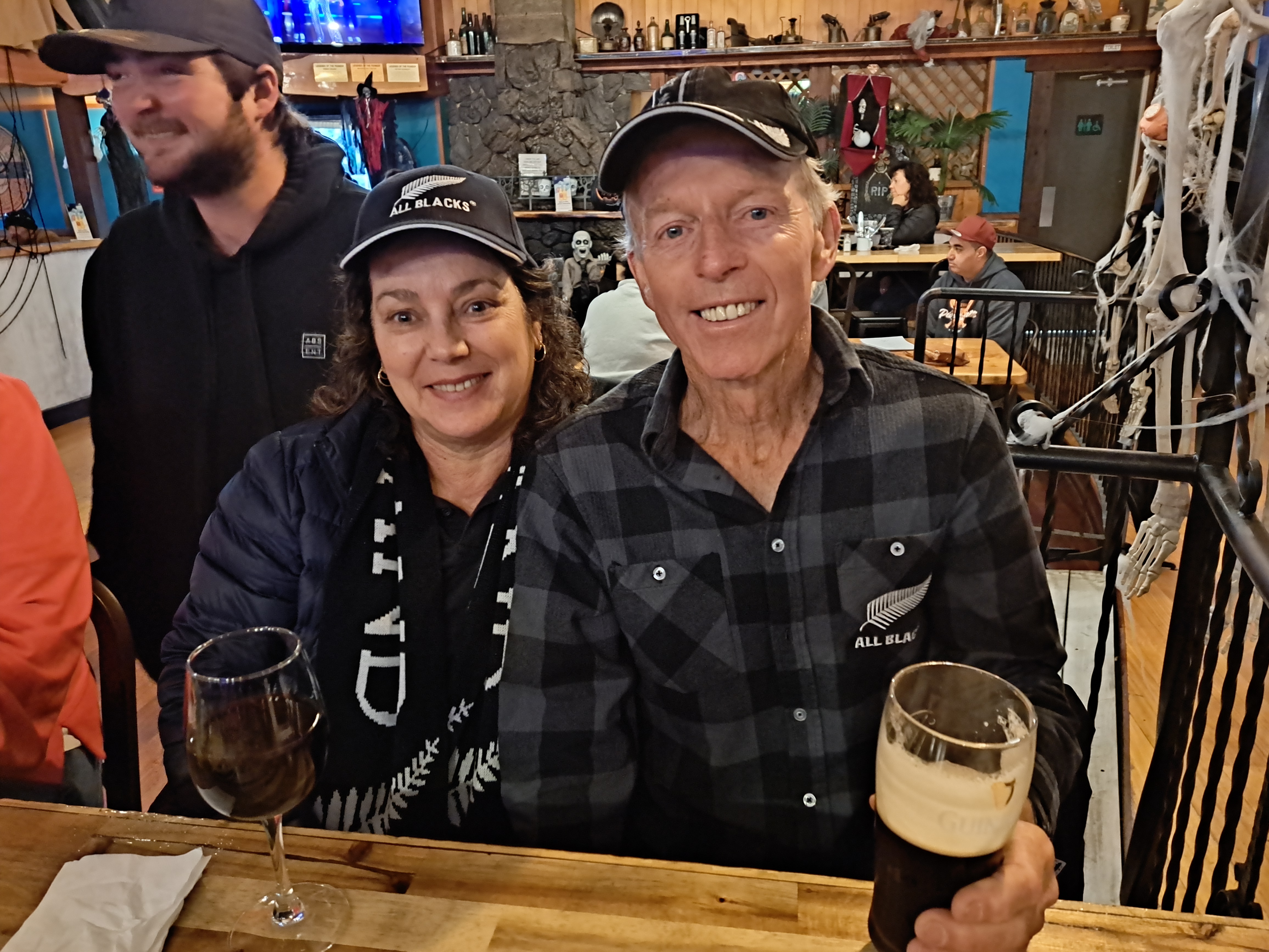 Cynthia Miller and Trevor Jones, from Waipapa were in high spirits at the Pioneer Bar and Restaurant in Kerikeri before the game. Photo / Jenny Ling