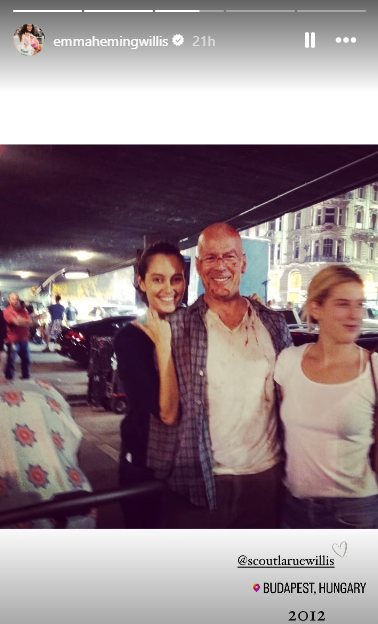 A photo shared to Emma Heming Willis' Instagram shows her, Bruce Willis and his daughter Scout on the set of A Good Day to Die Hard in Budapest, Hungary, in 2012.