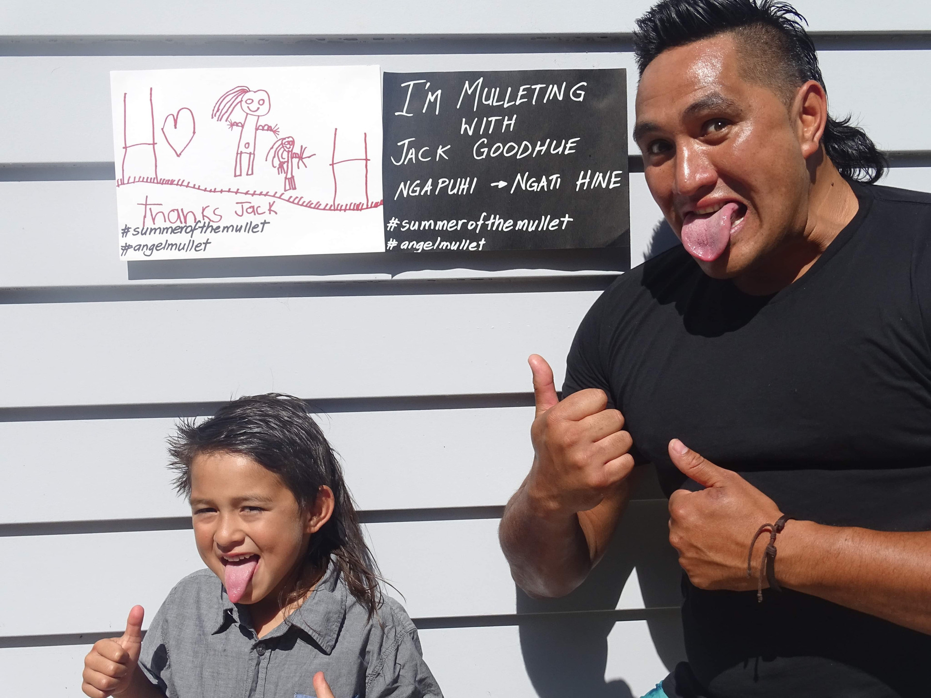 Jacob-Sullivan Cook and his dad Thomas Cook get behind the Bald Angels mullet campaign. Photo / supplied
