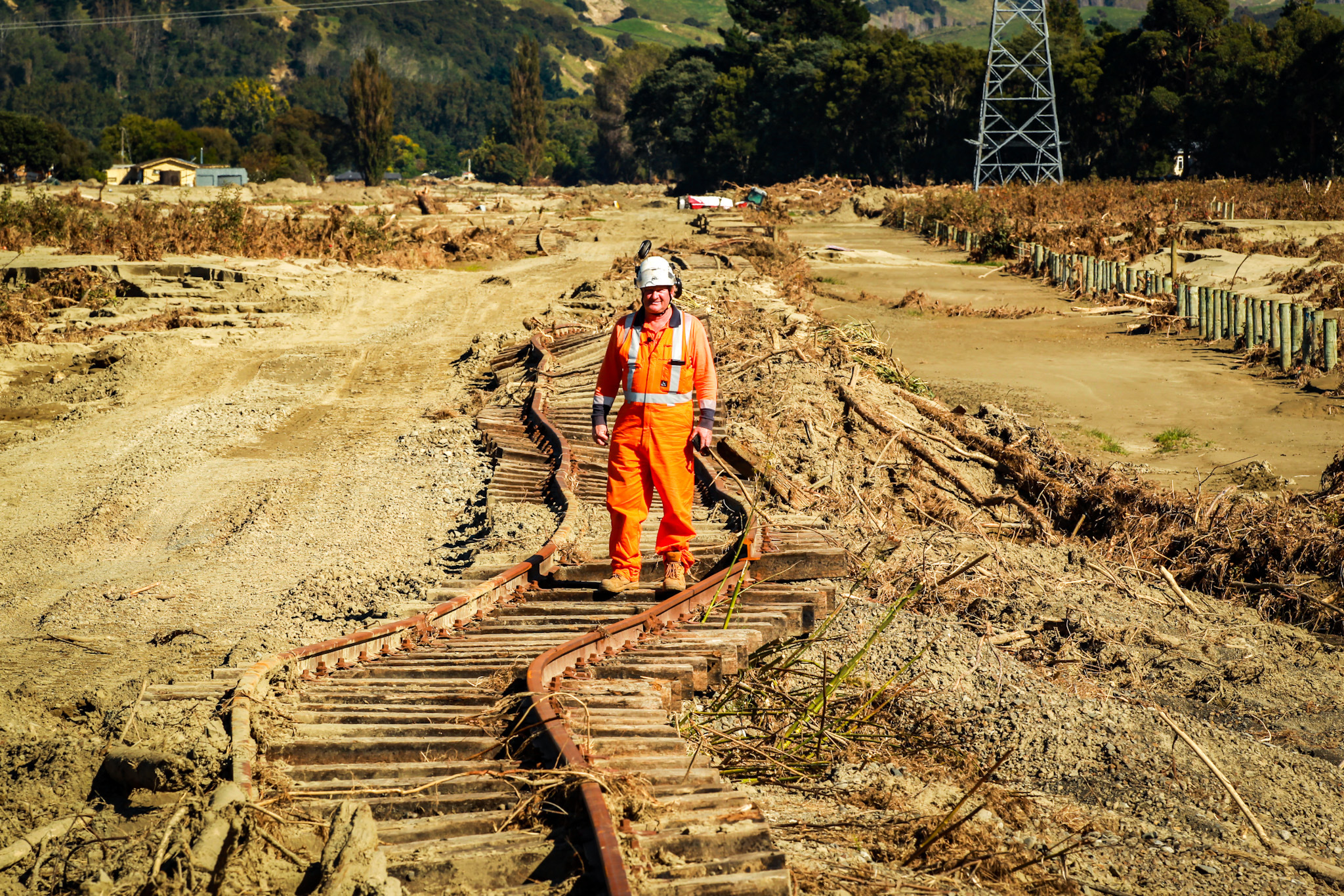 KiwiRail's Peter Marsh on damaged tracks near Eskdale, outside of Napier. Photo / Paul Taylor