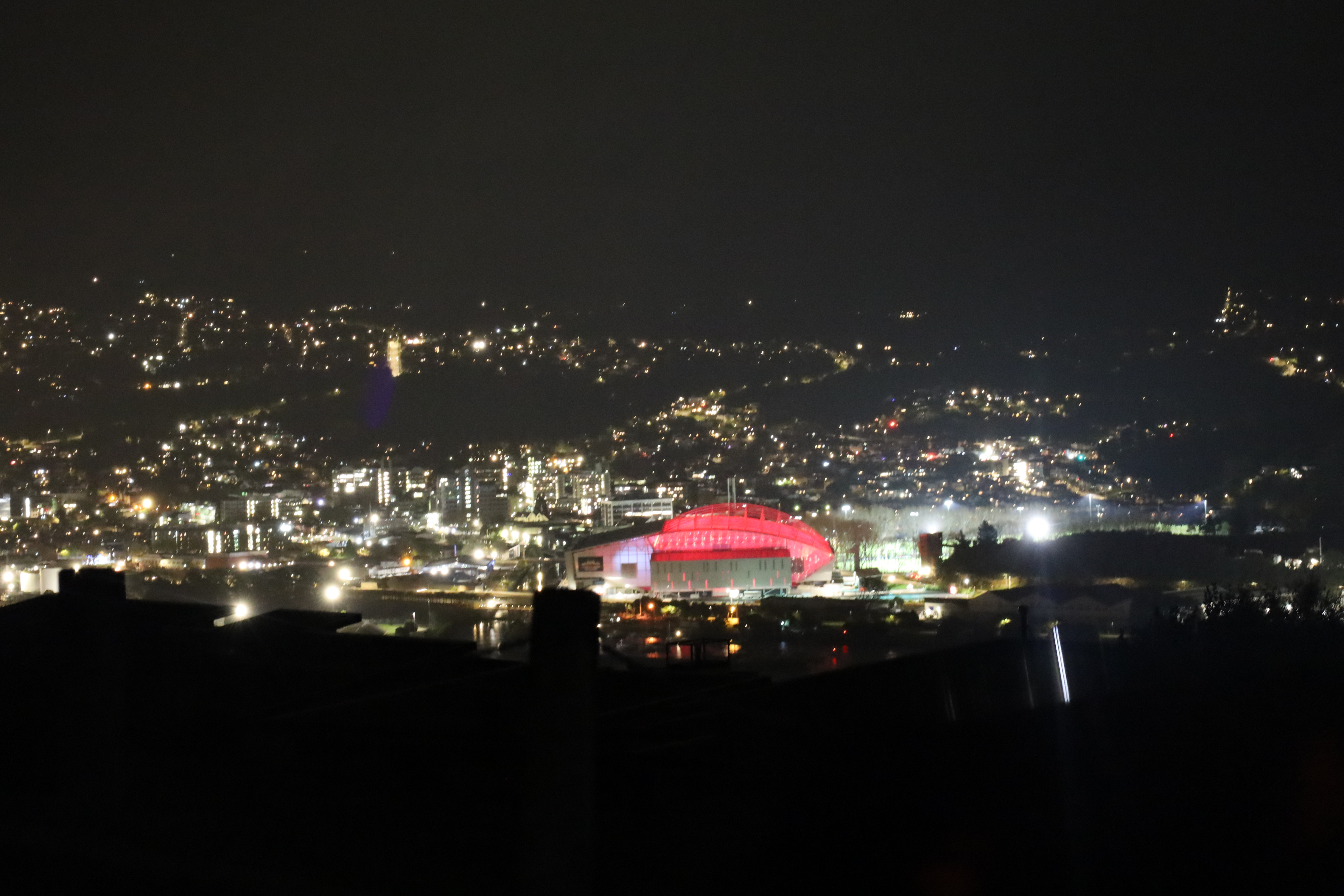 Dunedin's Forsyth Barr Stadium lit in red in support of today's march against proposed cuts to the new hospital. Photo / Ben Tomsett