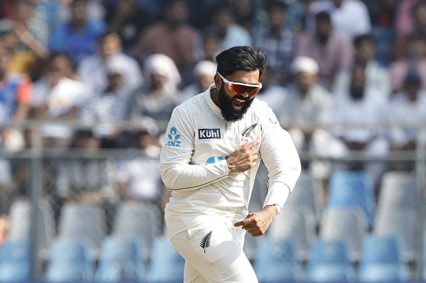Ajaz Patel celebrates the wicket of Virat Kohli during a match against India. Photo / Photosport
