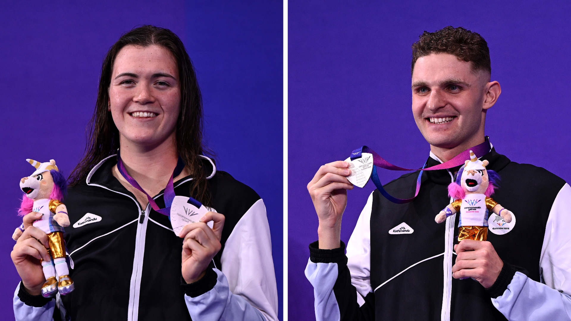 Erika Fairweather and Lewis Clareburt celebrate with their silver medals at the Glasgow Commonwealth Games. Photos / Getty Images
