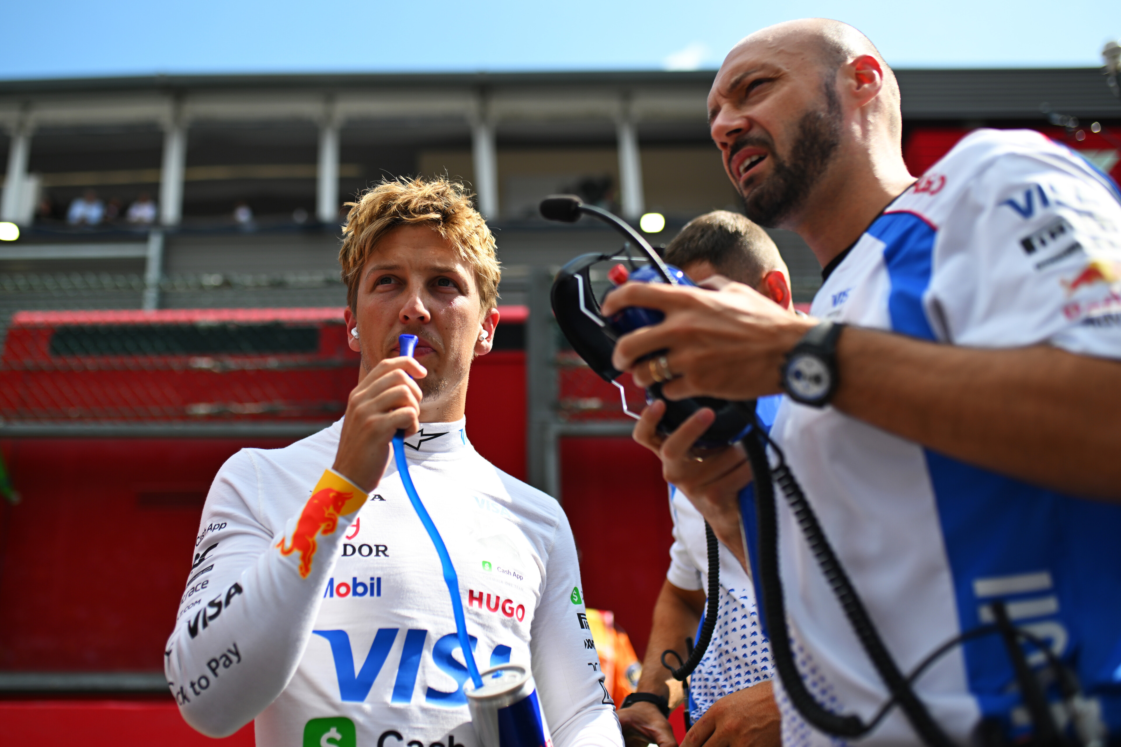 Liam Lawson (left) and race engineer Ernesto Desiderio at the Belgian Grand Prix. Photo / Red Bull