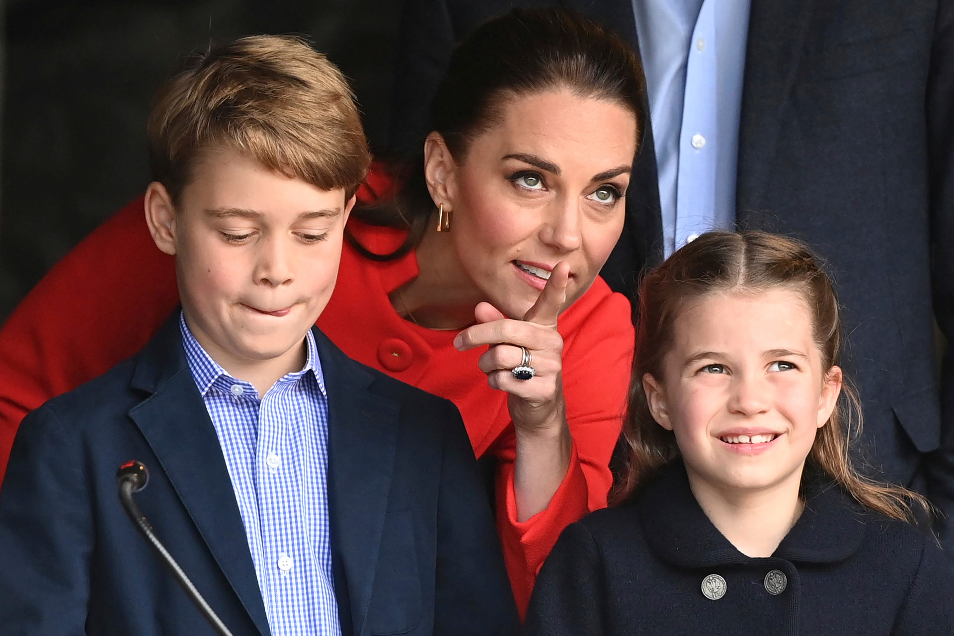 Catherine, Duchess of Cambridge, Prince George and Princess Charlotte during their visit to Cardiff Castle to meet performers involved in the special Platinum Jubilee Celebration Concert. Photo / AP
