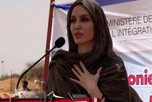 In this image taken from video, Special Envoy to the United Nations High Commissioner for Refugees Angelie Jolie speaks at the Malian refugee camp in Goudebo, Burkina Faso on Sunday, June 20, 2021 to mark World Refugee Day. Photo / AP