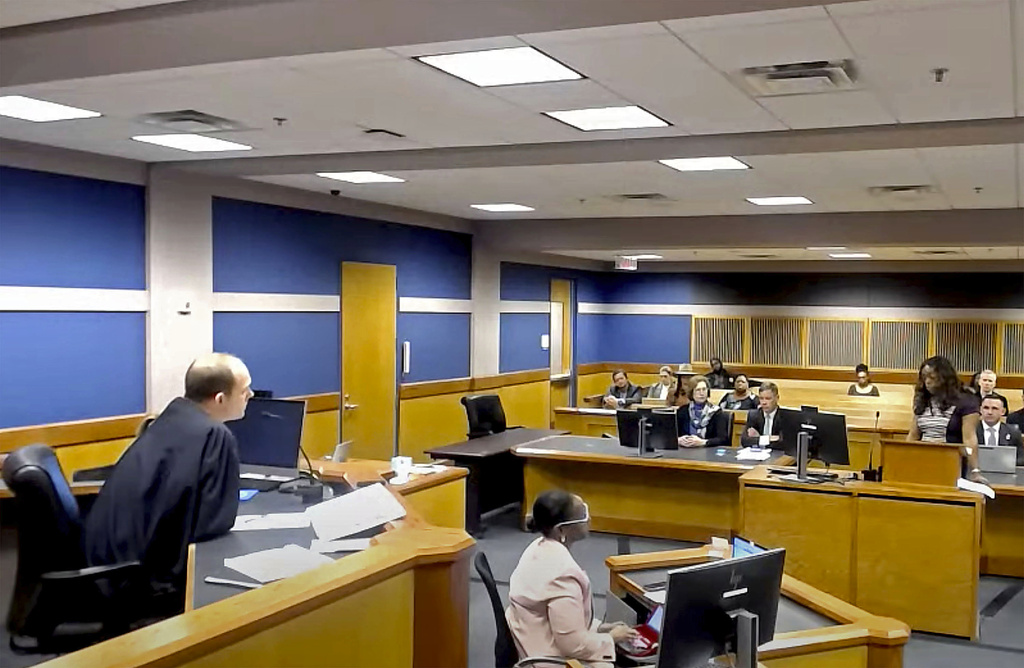 In this frame grab from video, Sidney Powell, former attorney for Donald Trump, attends a hearing with her attorney Brian Rafferty before Judge Scott McAfee on October 19 in Atlanta. Photo / AP