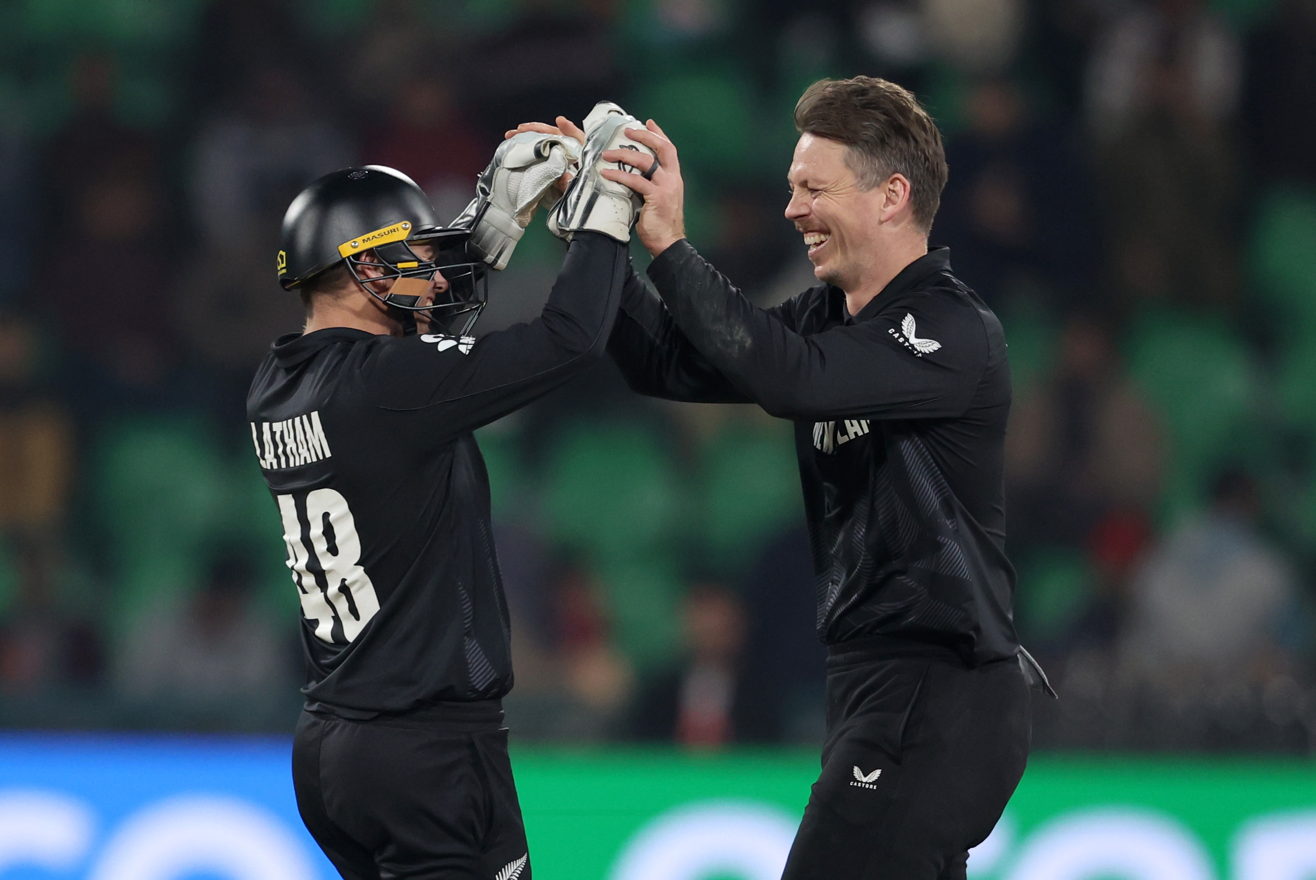Michael Bracewell and Tom Latham celebrate the wicket of Wiaan Mulder during the ICC Champions Trophy 2025 semifinal. Photo / Getty Images