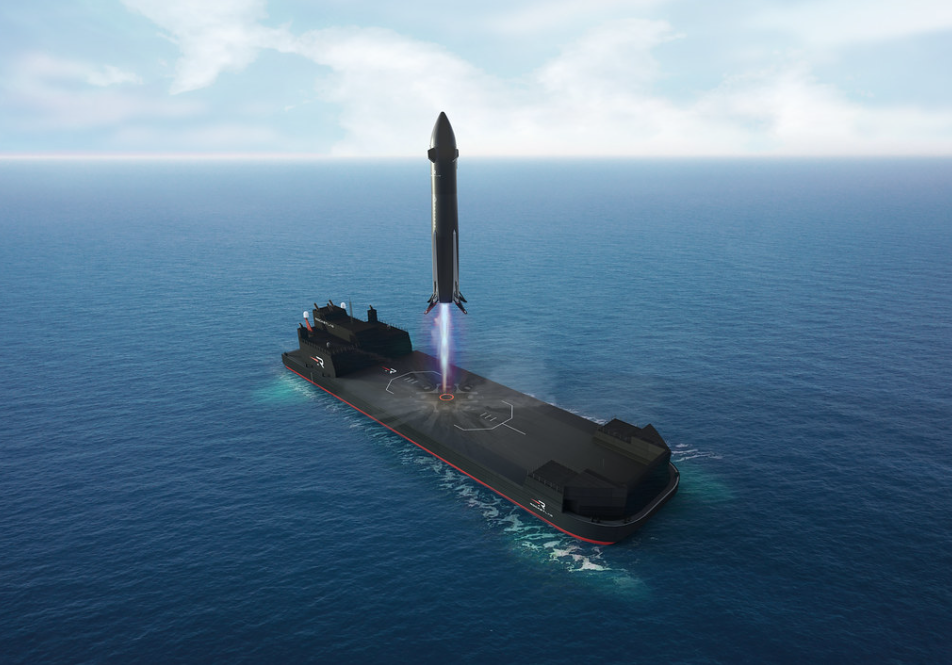 An artist's impression of Rocket Lab's Neutron rocket landing on a barge, which is named Return on Investment. 
