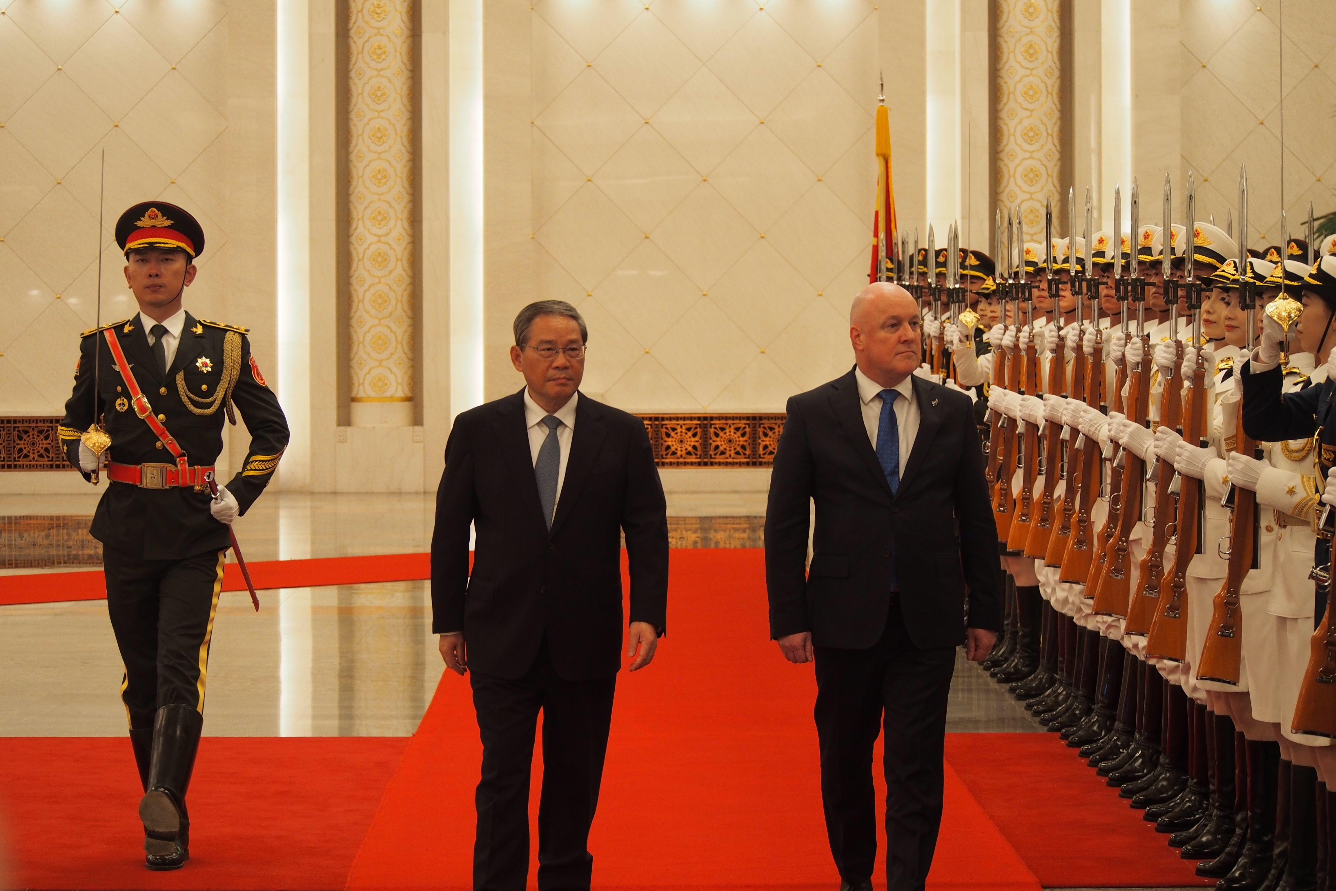 Prime Minister Christopher Luxon and Premier Li Qiang in the Great Hall of the People. Photo / Thomas Coughlan
