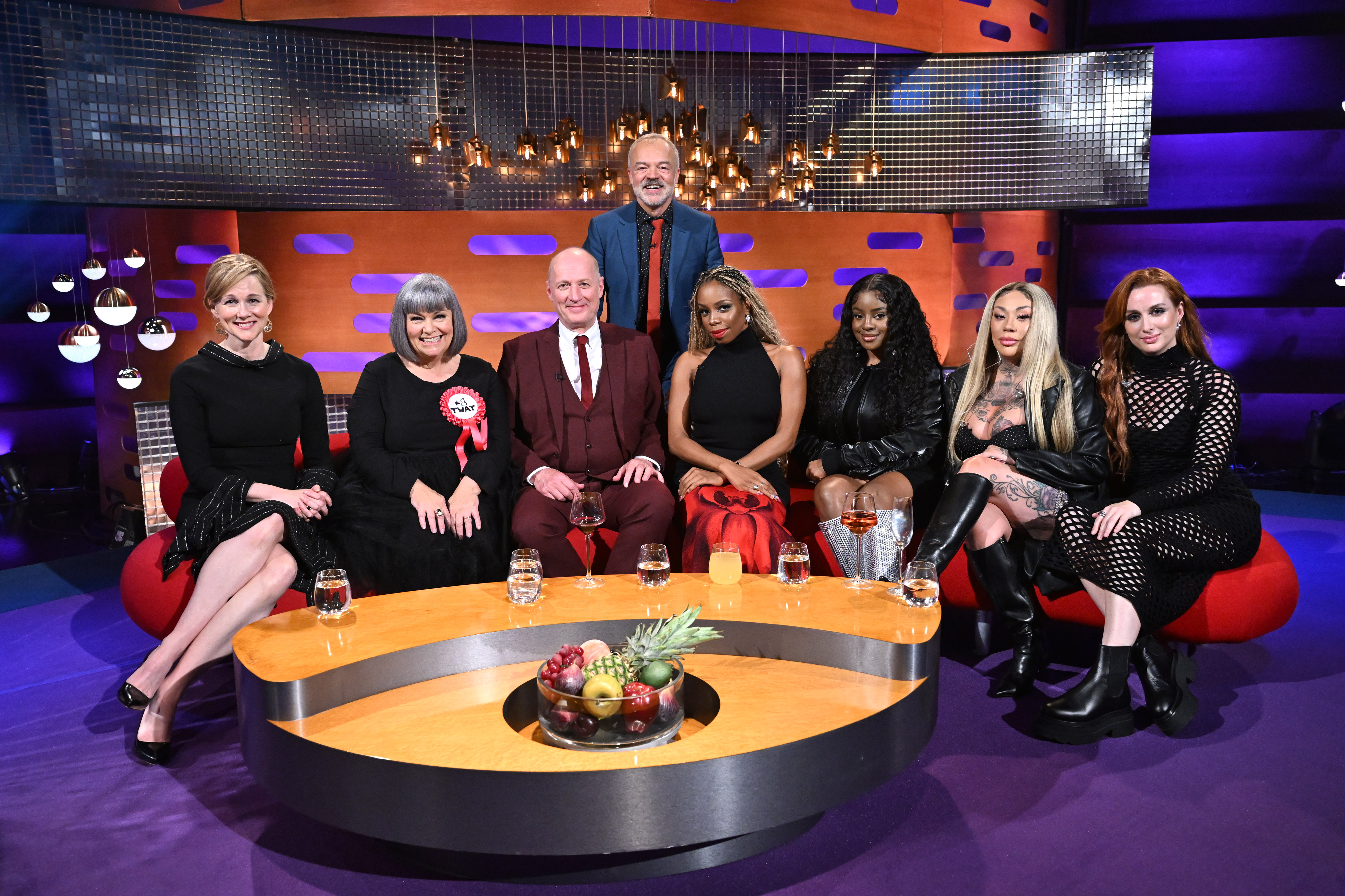 Laura Linney, Dawn French, Adrian Edmondson, London Hughes and Keisha Buchanan, Mutya Buena and Siobhán Donaghy of the Sugababes with host Graham Norton. Photo / ITV 