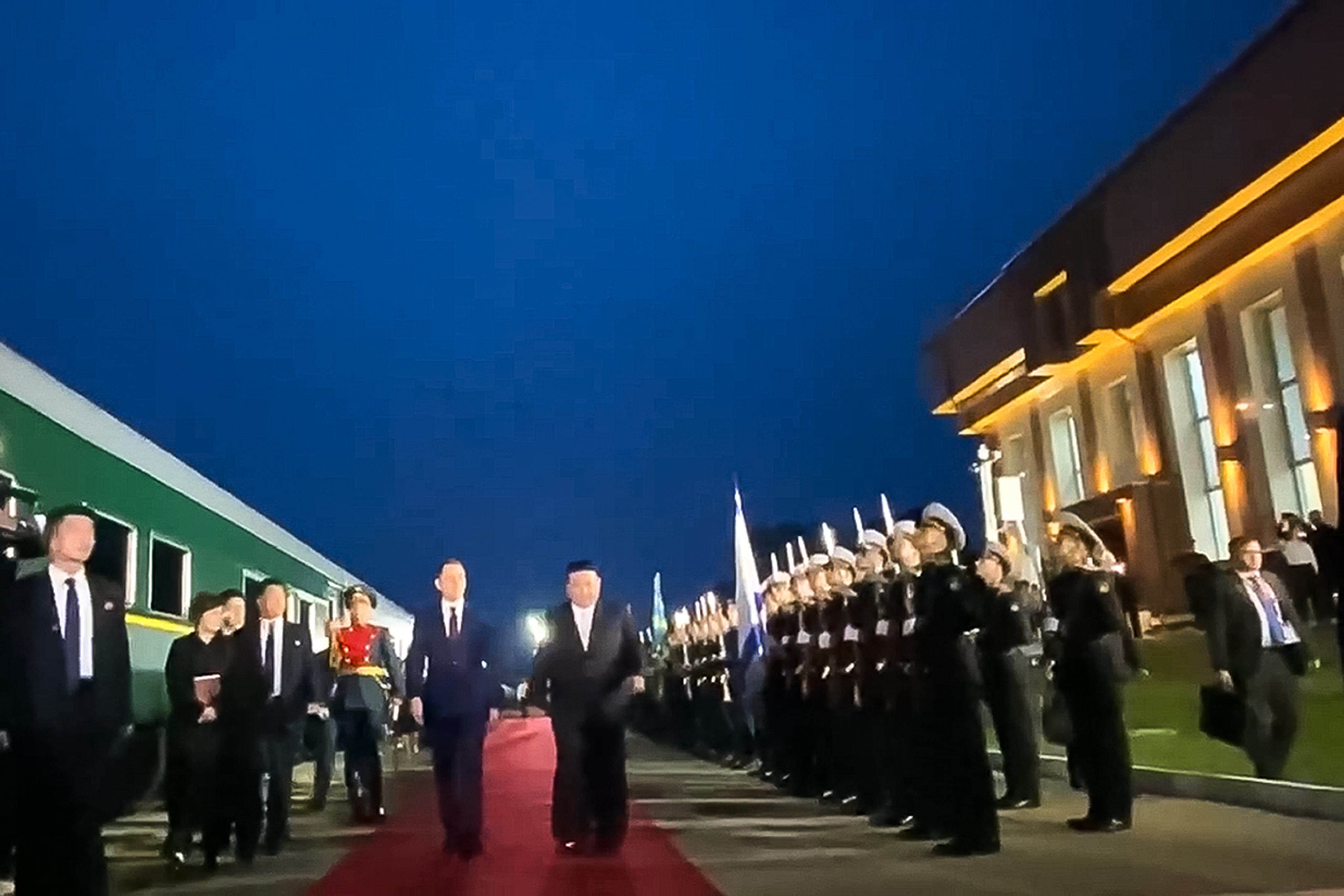 North Korea's leader Kim Jong Un, centre right, attends a welcome ceremony after crossing the border to Russia at Khasan. Photo / AP