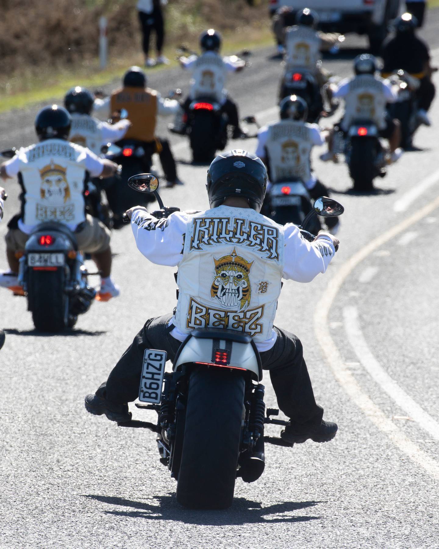 Killer Beez gang members pass through the checkpoint at Ramarama near where the gang was having their AGM.  Photo / Brett Phibbs