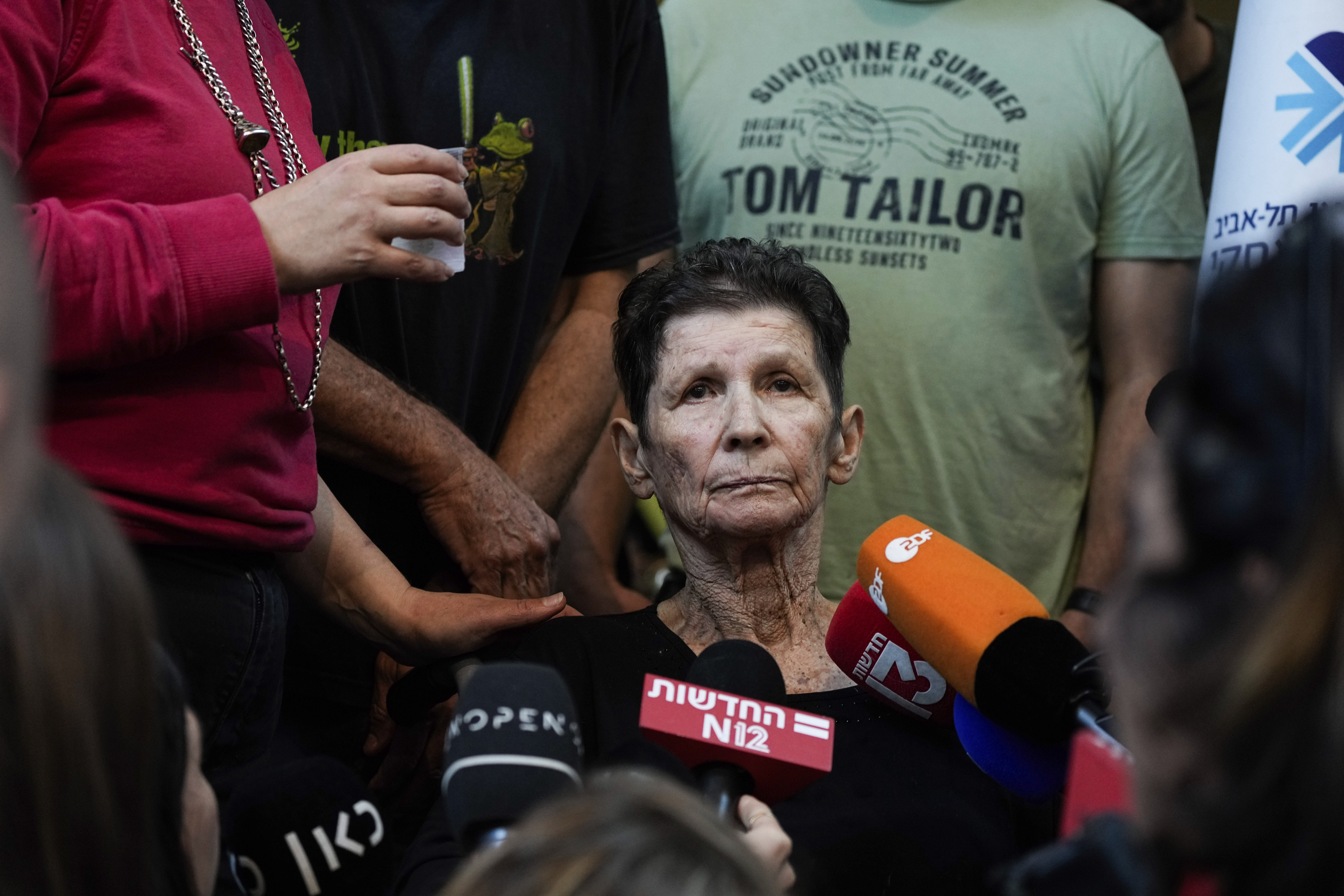 Yocheved Lifshitz, 85, speaks to members of the press a day after being released by Hamas militants, at Ichilov Hospital in Tel Aviv, Israel. Photo / AP