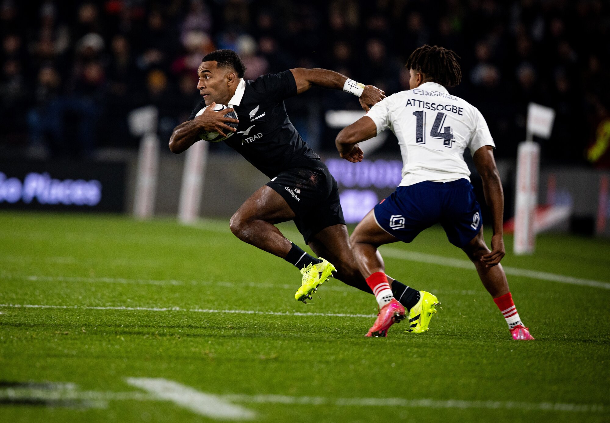  Sevu Reece on the charge against France in Hamilton. Photo / Dean Purcell