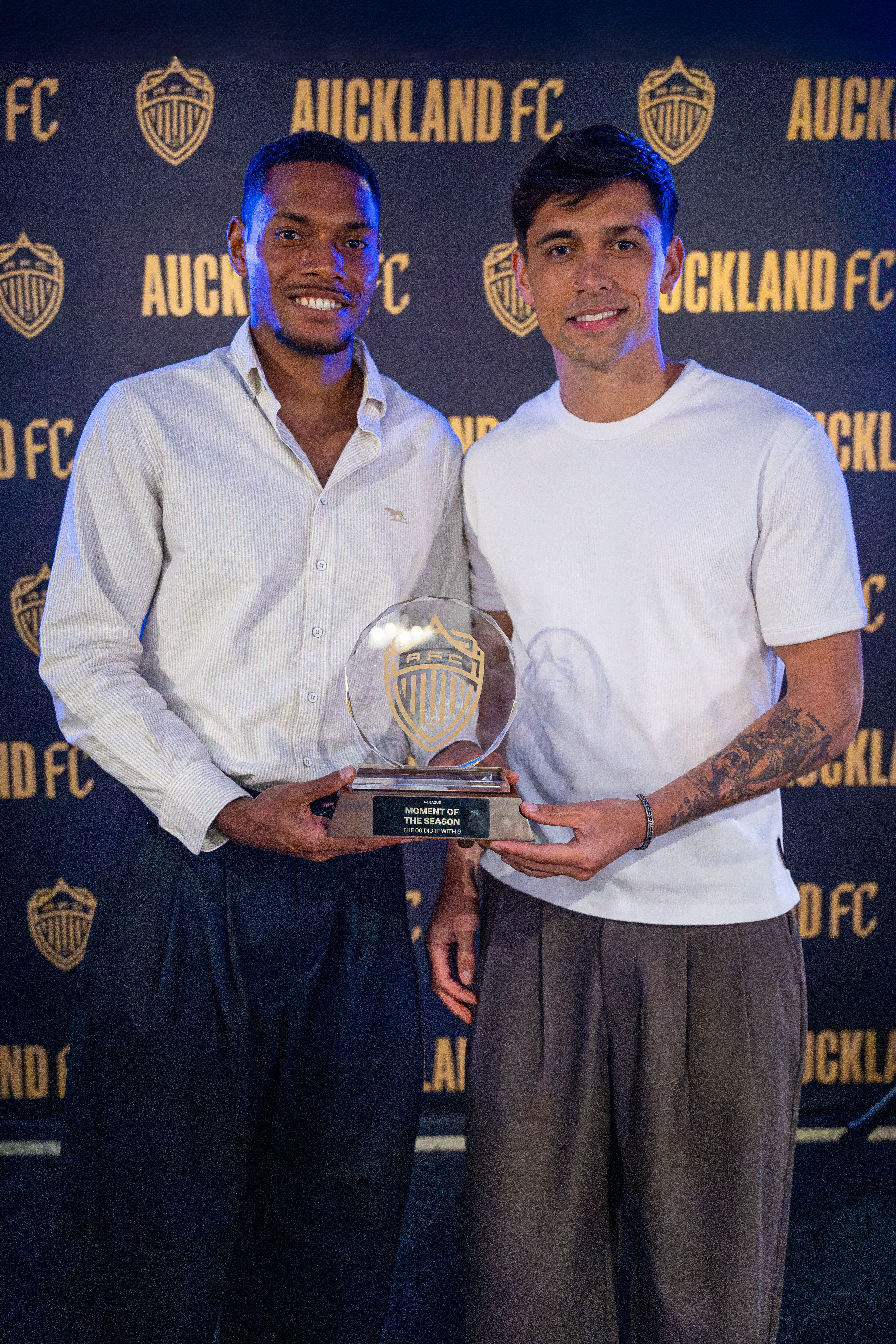 Dan Hall and Logan Rogerson jointly accepted the club's A-League Moment of the Season. Photo / Roshan Nama
