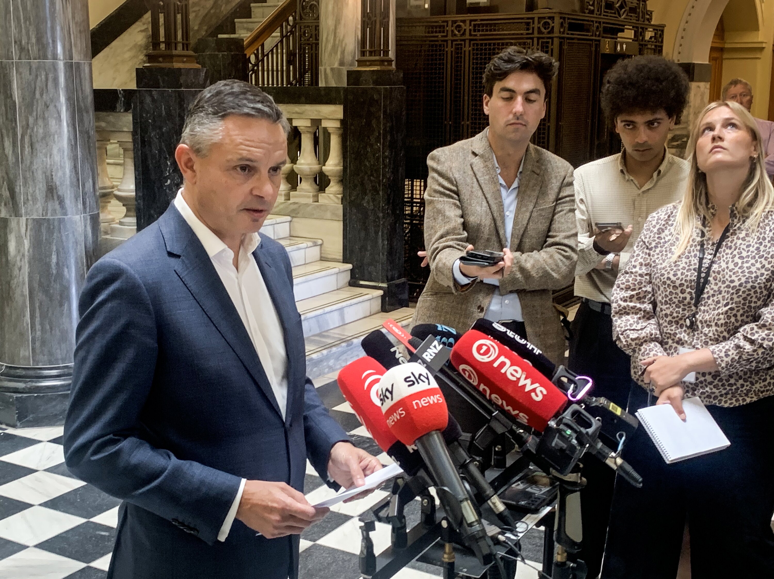 James Shaw speaks to media at Parliament after the death of Green Party MP Efeso Collins. Photo / Adam Pearse 