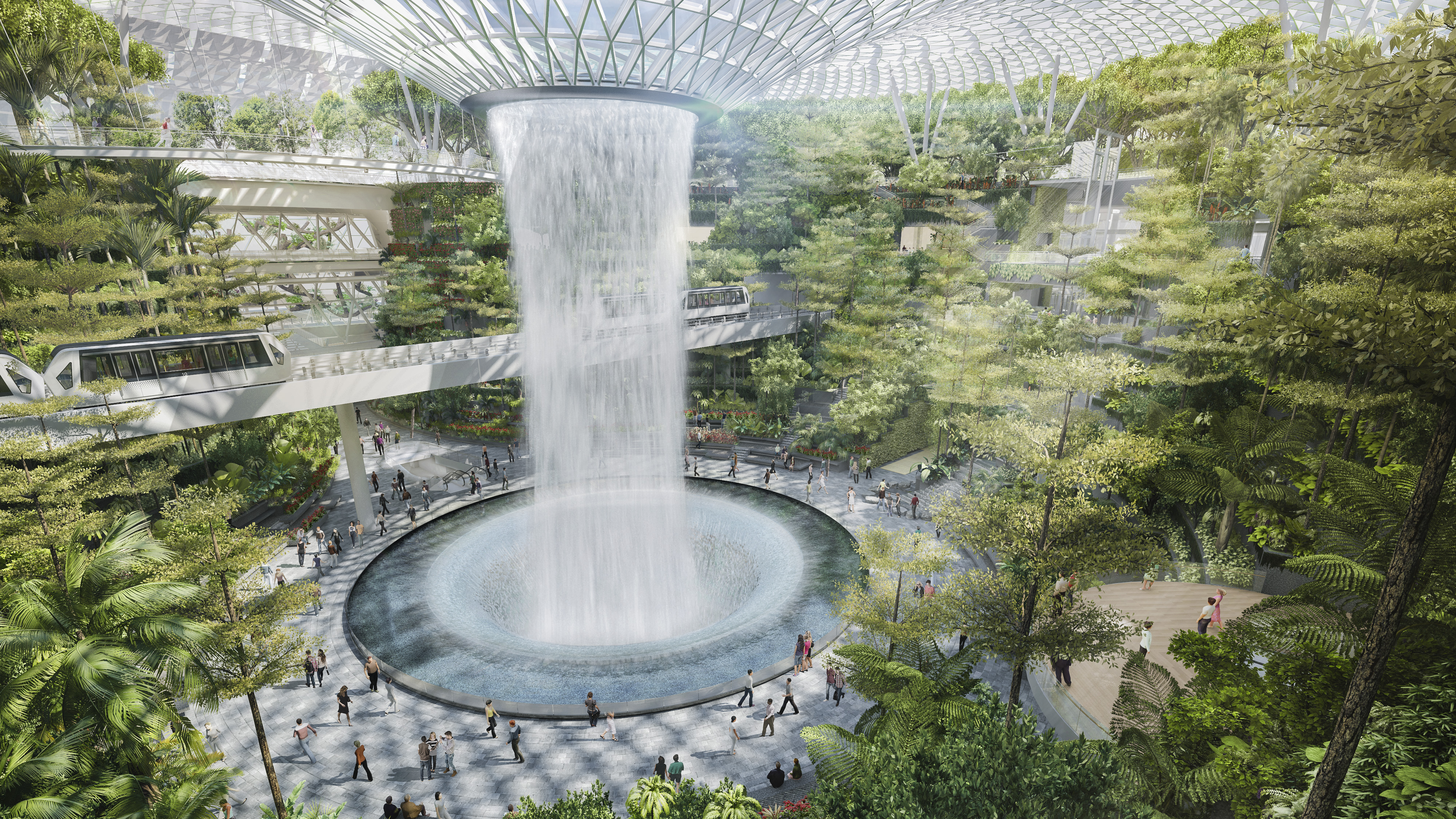 An artist's impressions of the planned indoor waterfall for Changi Airport's Jewel terminal. Photo / Supplied