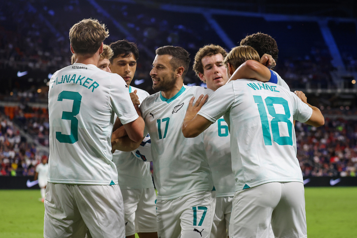 The All Whites celebrate Ben Waine's equaliser against the USA. Photo / Photosport