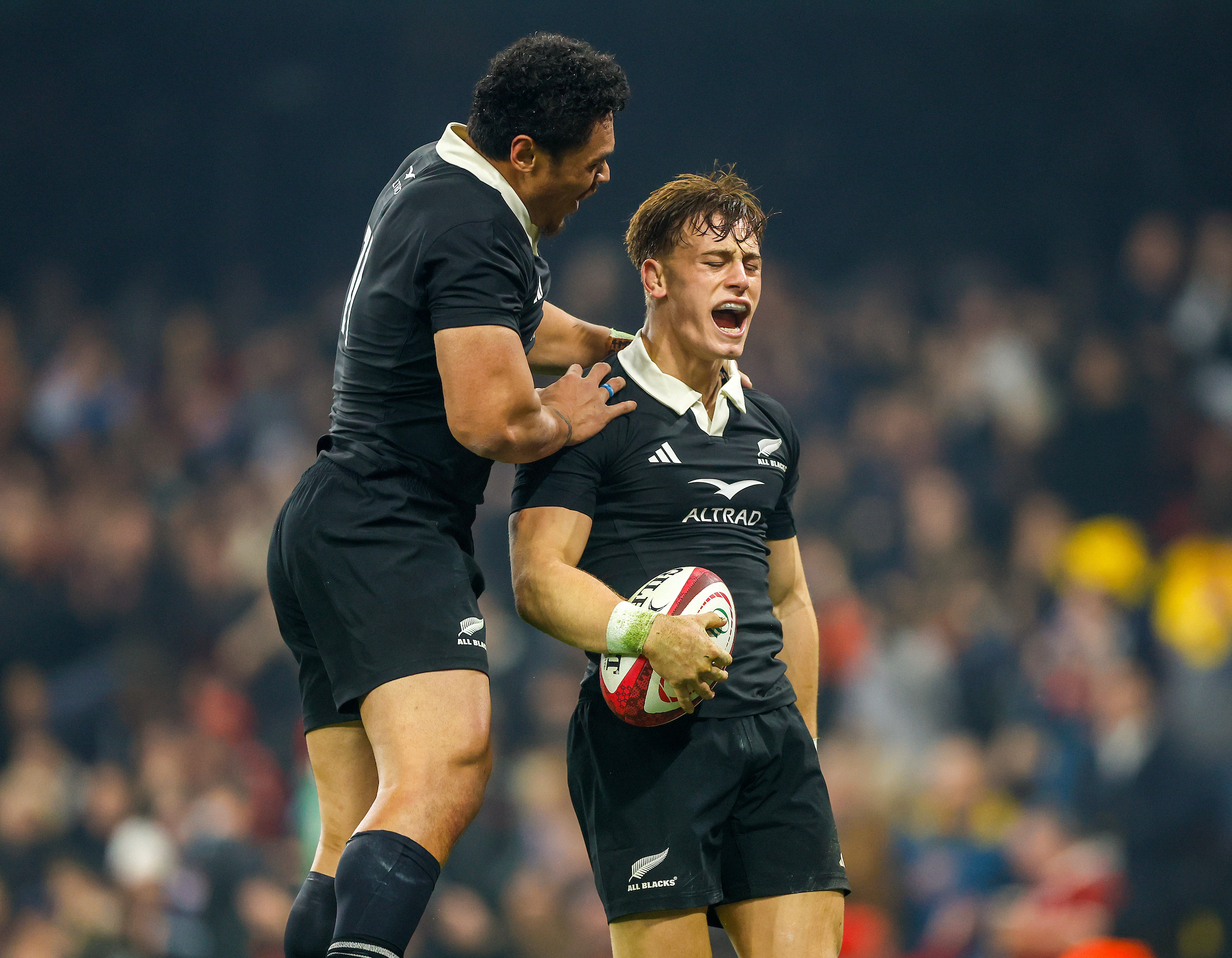 Ruben Love of the All Blacks celebrates after scoring against Wales at Millennium Stadium, Cardiff. Photo / Photosport