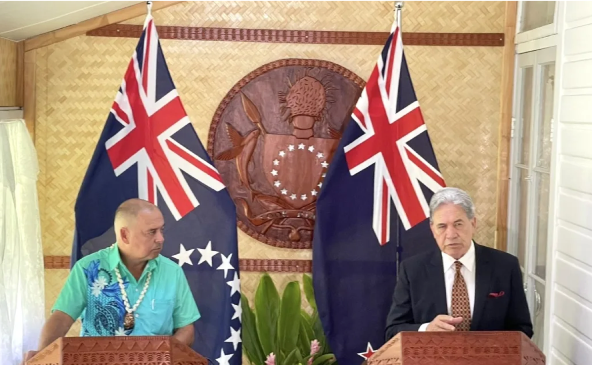 Cook Islands Prime Minister Mark Brown (left) and Foreign Affairs Minister and Deputy Prime Minister Winston Peters in Rarotonga in 2024. Photo / Eleisha Foon