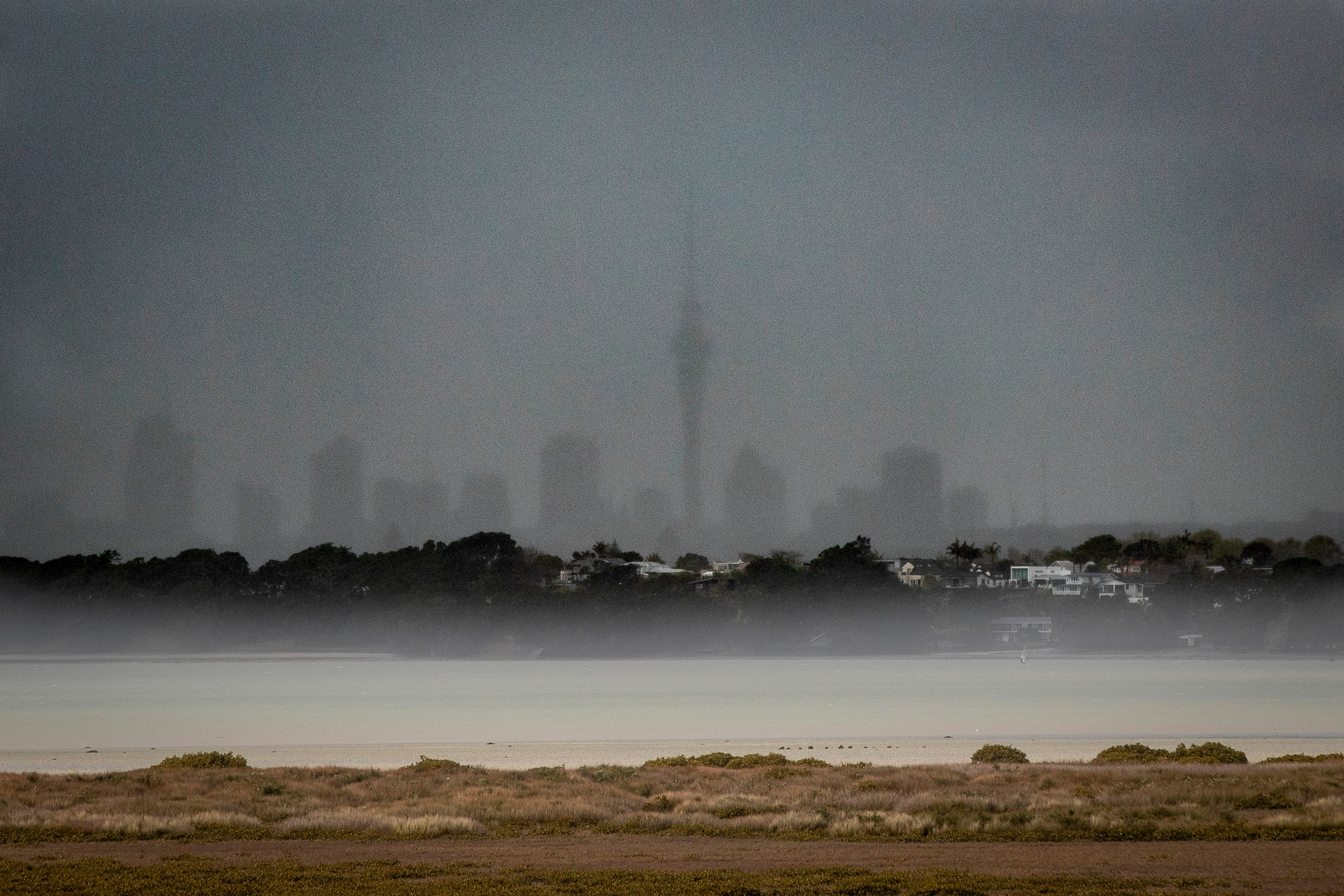 Auckland's skyline, blanketed in spring rain this month. Photo / Michael Craig