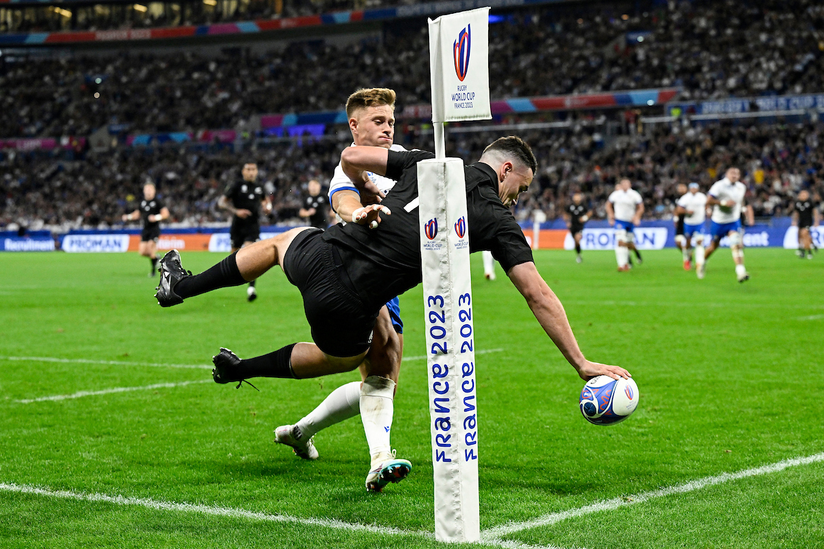 Will Jordan scores the opening try for the All Blacks in their Rugby World Cup win over Italy in Lyon. Photo / Photosport
