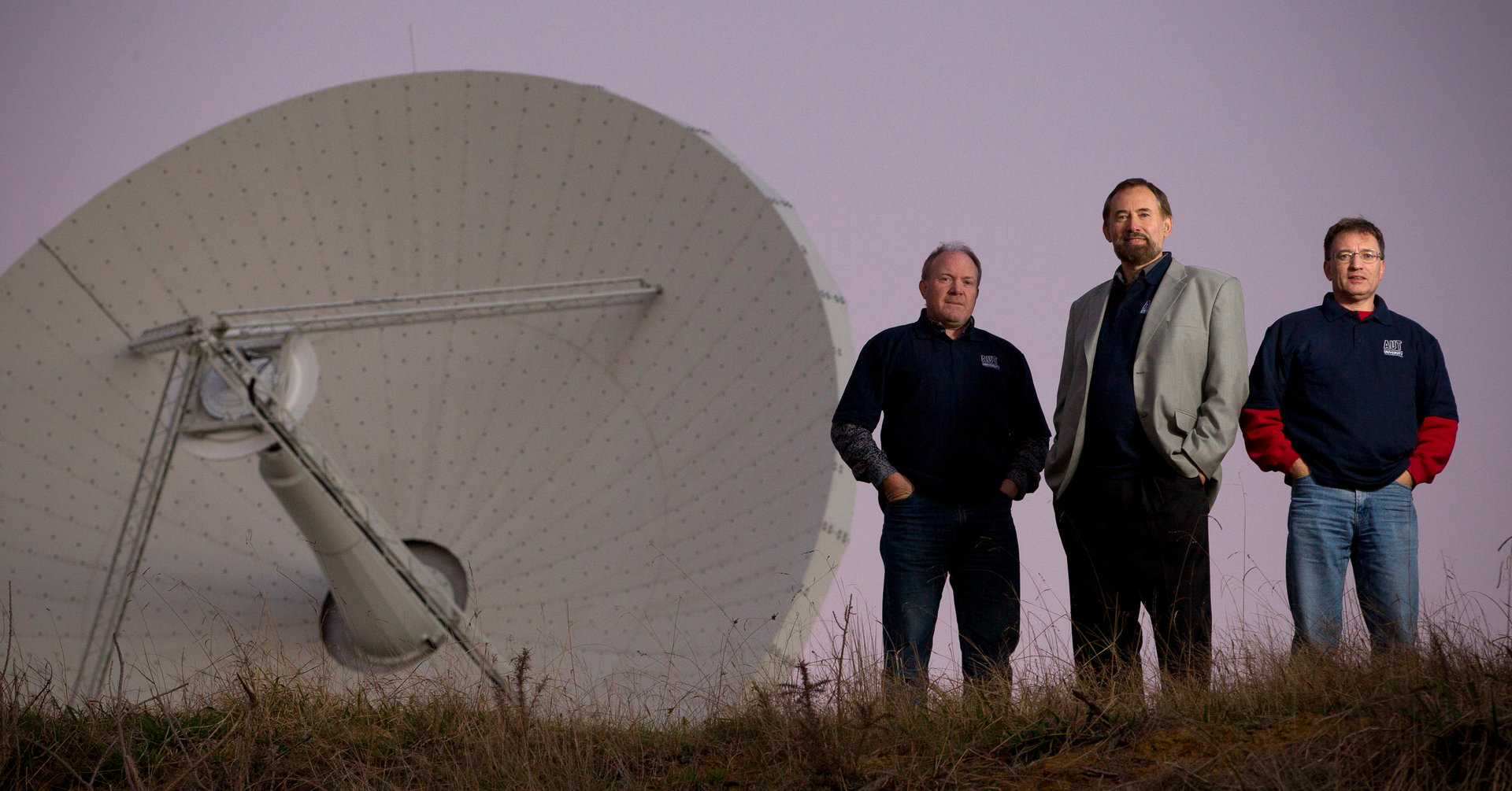 Professor Sergei Gulyaev (centre), director of AUT's Institute of Radio Astronomy and Space Research, with colleagues Tim Natusch (left) and Stuart Weston at Warkworth in 2012. Photo / Greg Bowker