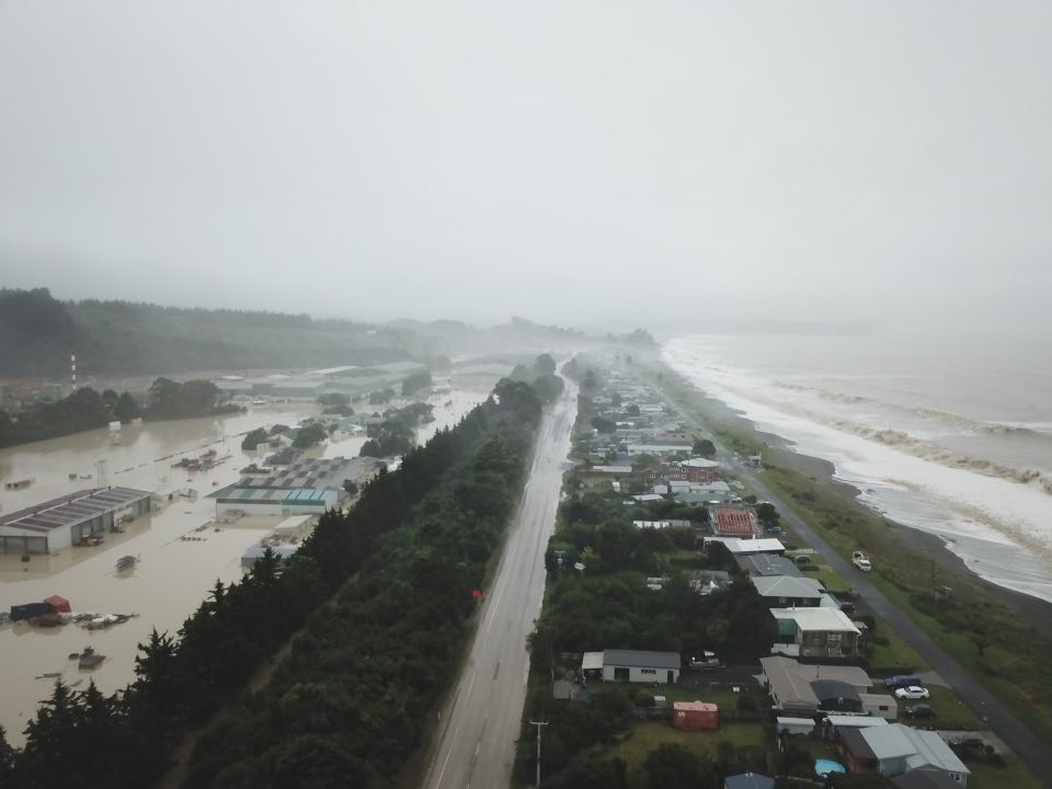 This aerial photo shows extensive flooding at the Pan Pac Forest Products mill at Whirinaki in Hawke's Bay. 