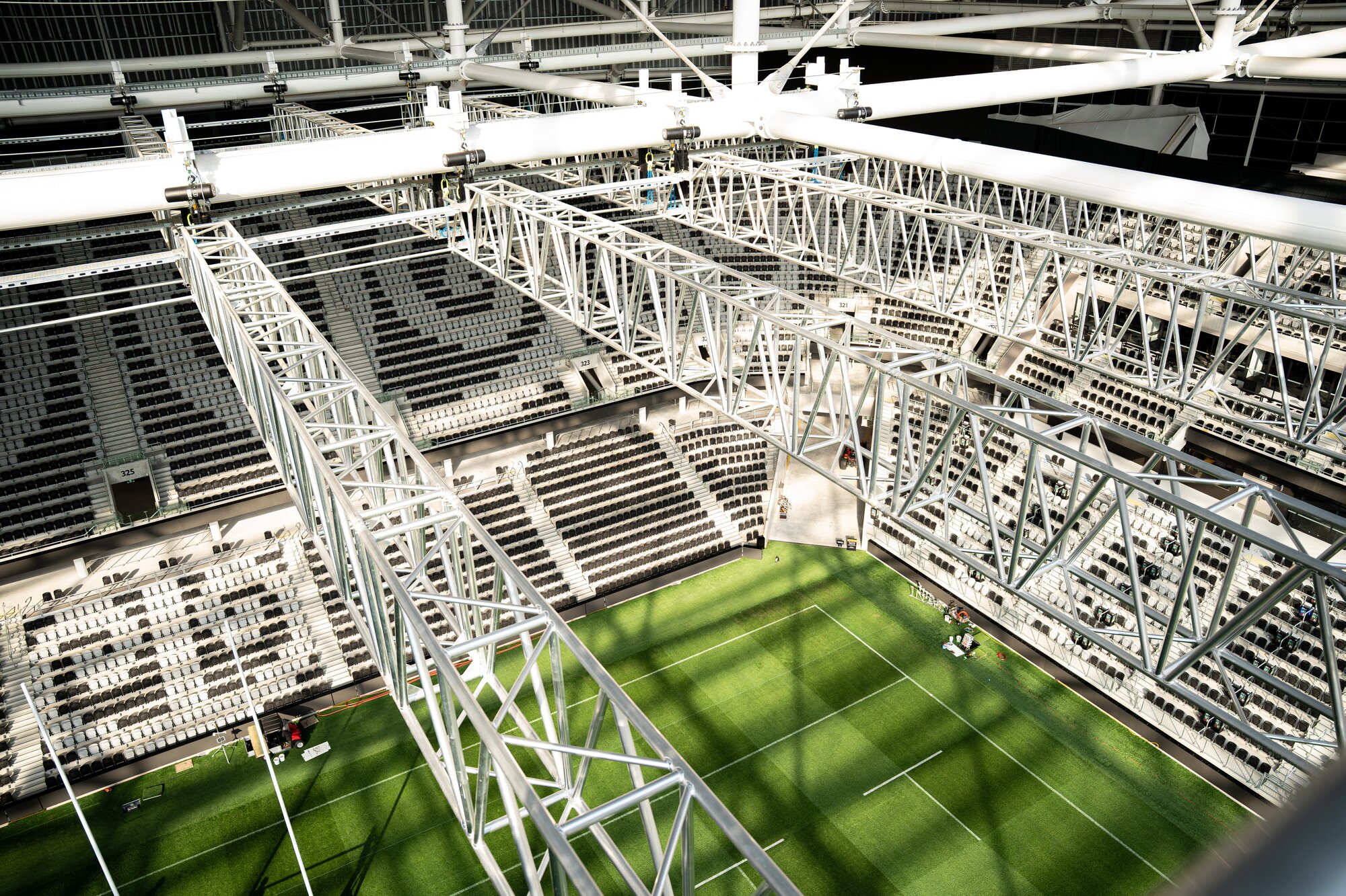 The view from the gangway at One NZ Stadium. The rig in the foreground holds up to 100 tonnes of lighting and sound equipment. Photo / Alyse Wright 
