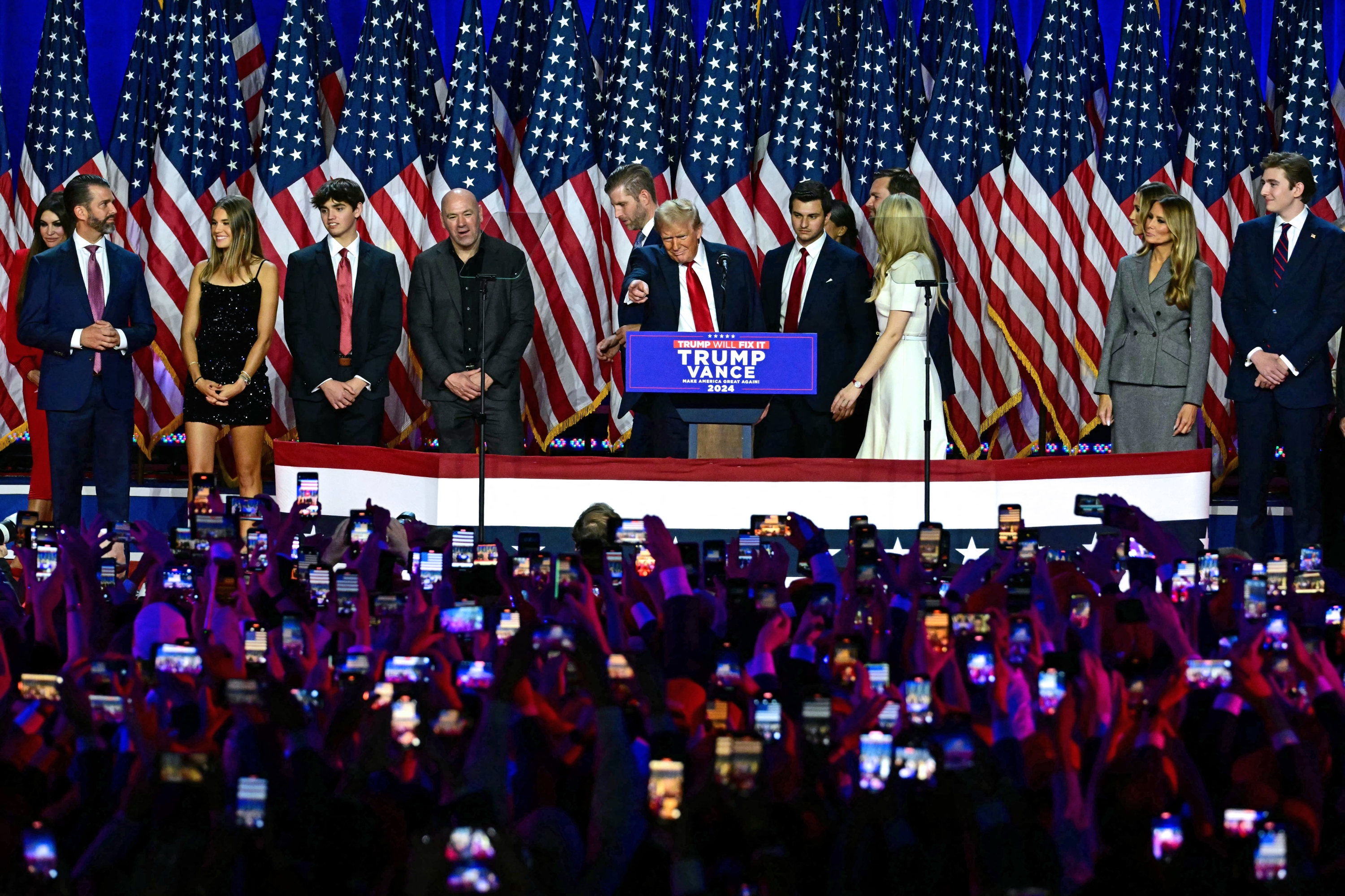 Donald Trump arriving at the West Palm Beach Convention Center in Florida after Fox News had called the presidency for Trump. Photo / AFP