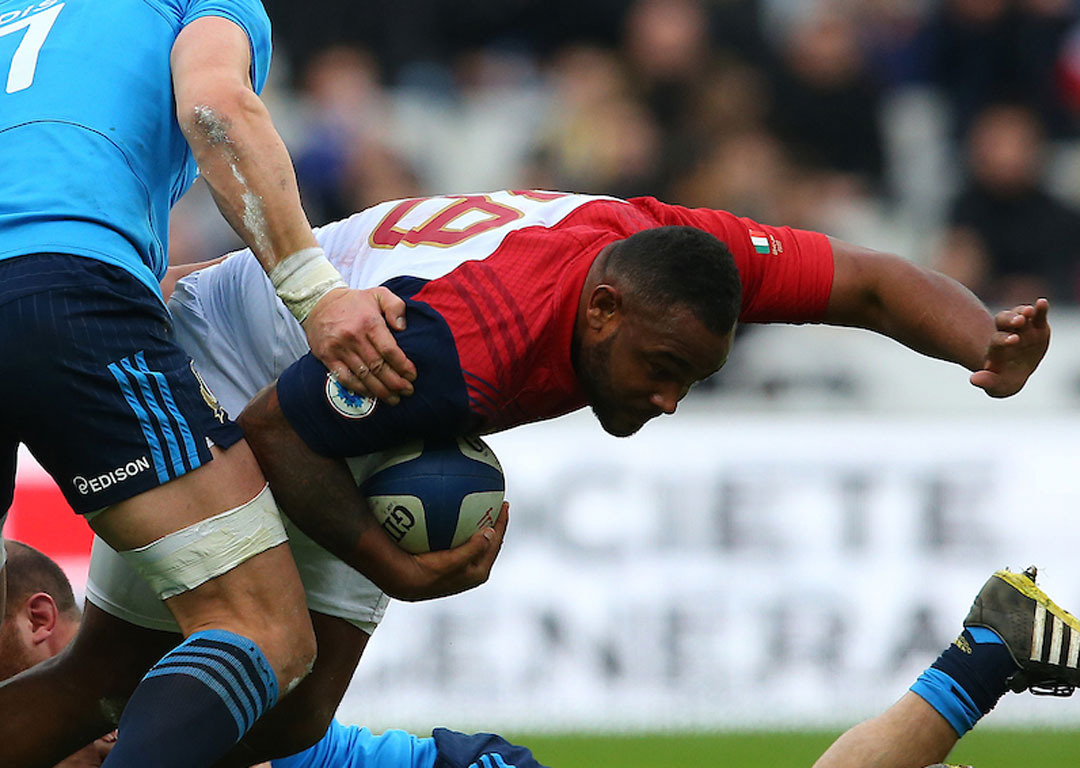 France's Jefferson Poirot breaks through a tackle. Photo / INPHO/Billy Stickland