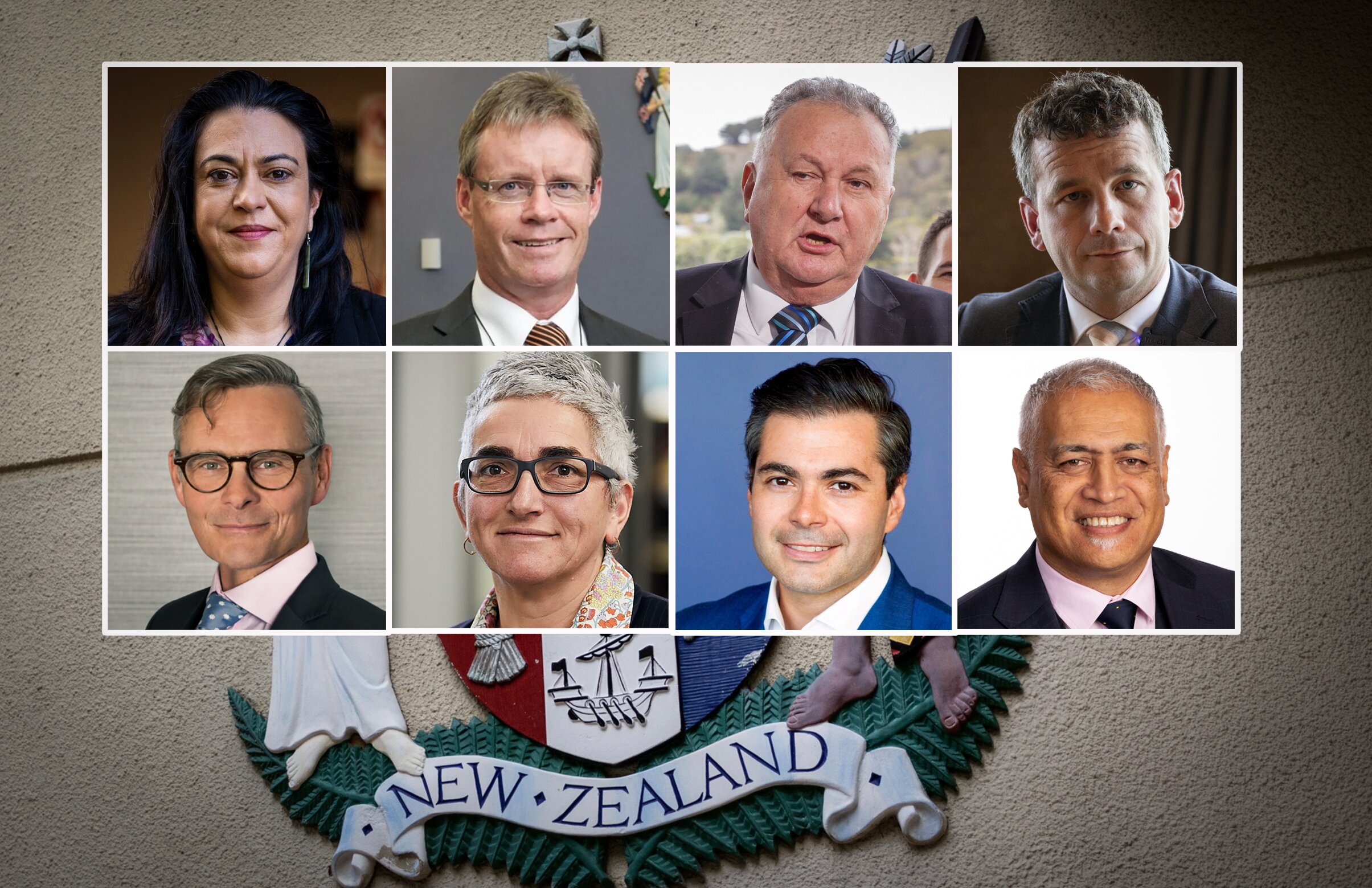 Key players (top from left: minister Karen Chhour, Judge Michael Doogan, NZ First's Shane Jones and Act leader David Seymour.
Justice Andru Isac (bottom from left), Solicitor-General Una Jagose, Crown counsel Jason Varuhas and barrister Matanuku Mahuika. Photos / NZME