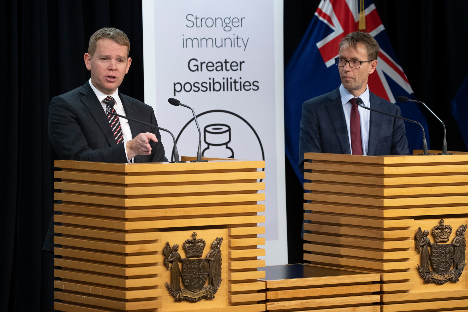 Covid-19 Response Minister Chris Hipkins and director-general of Health Dr Ashley Bloomfield. Photo / Mark Mitchell