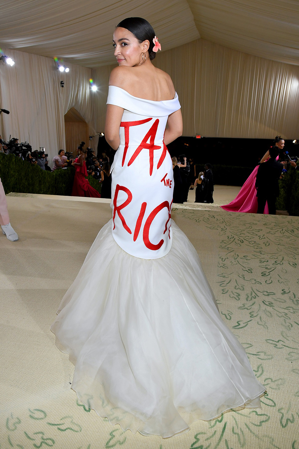 Alexandria Ocasio-Cortez’s Brother Vellies Met Gala gown. Photo / Getty Images