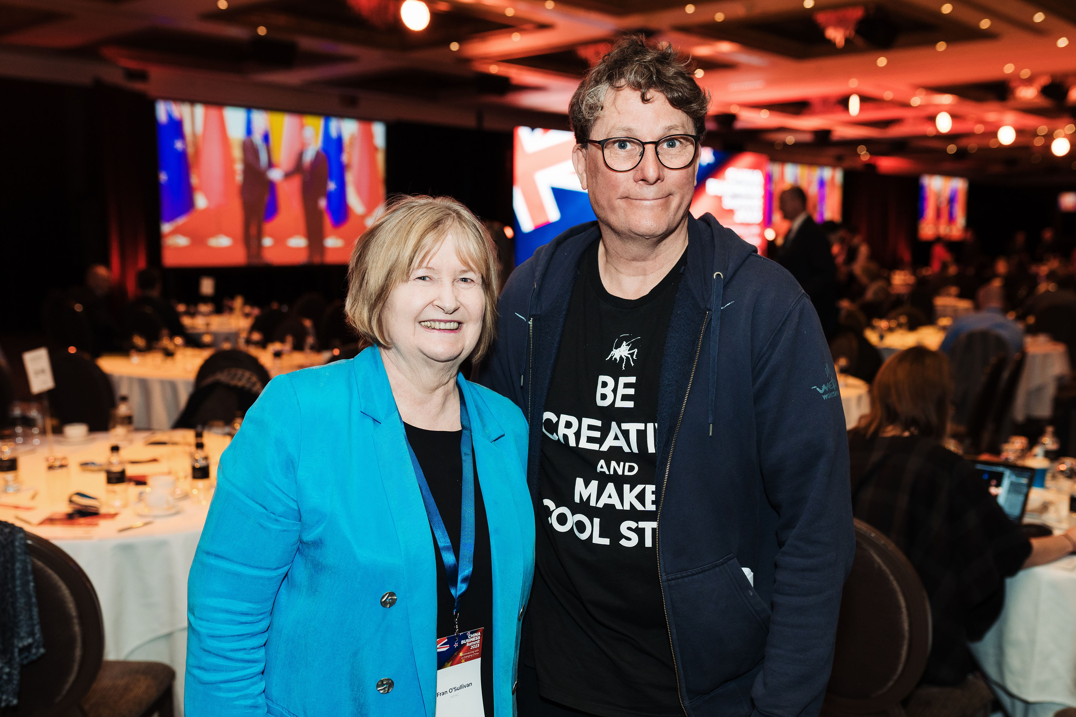 Sir Richard Taylor with Fran O'Sullivan, co-host of the China Business Summit. Photo / Auckland Business Chamber