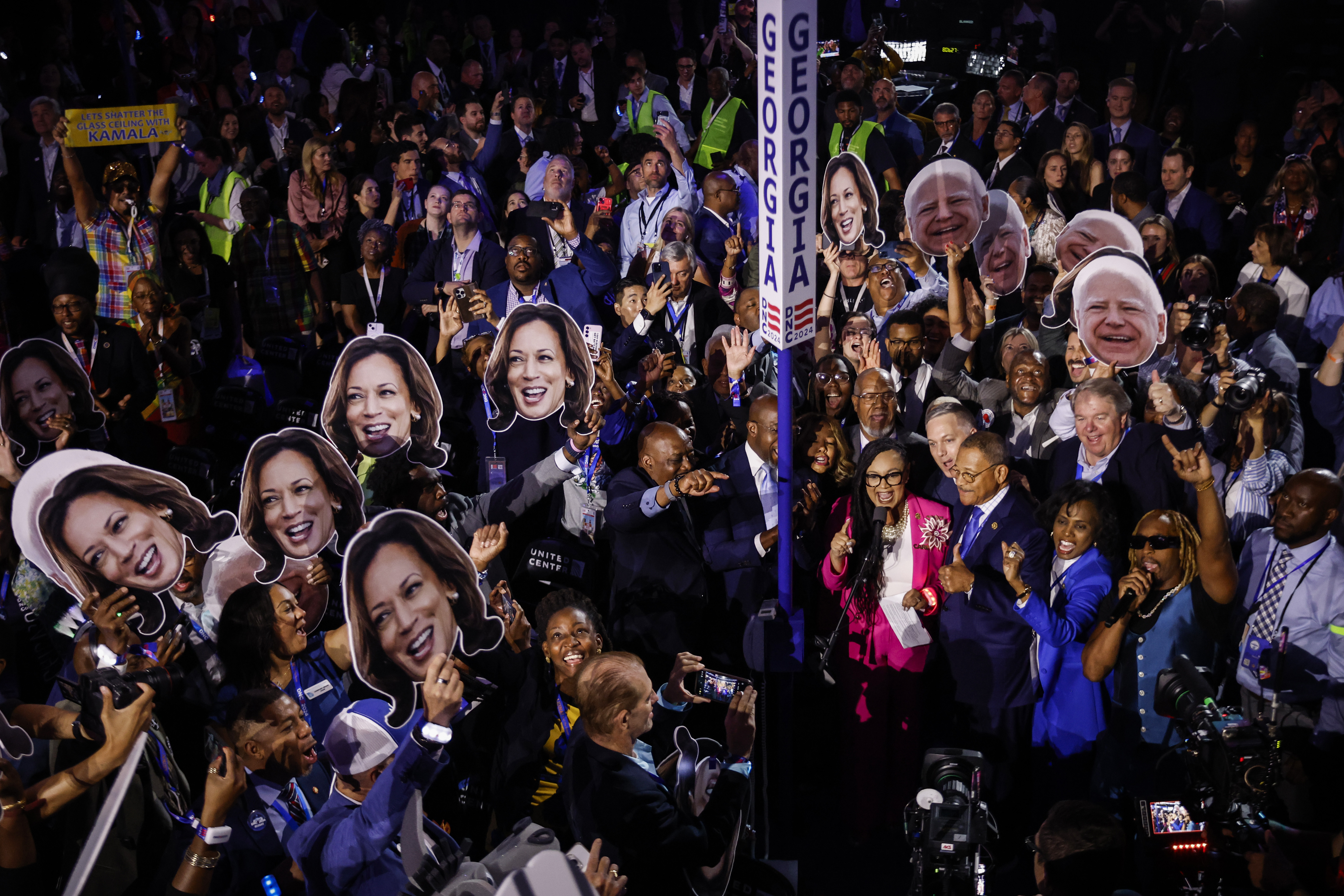 Rapper Lil Jon (right) performs with the Georgia delegation during the Ceremonial Roll Call of States at the US Democratic National Convention in August. Photo / Getty Images