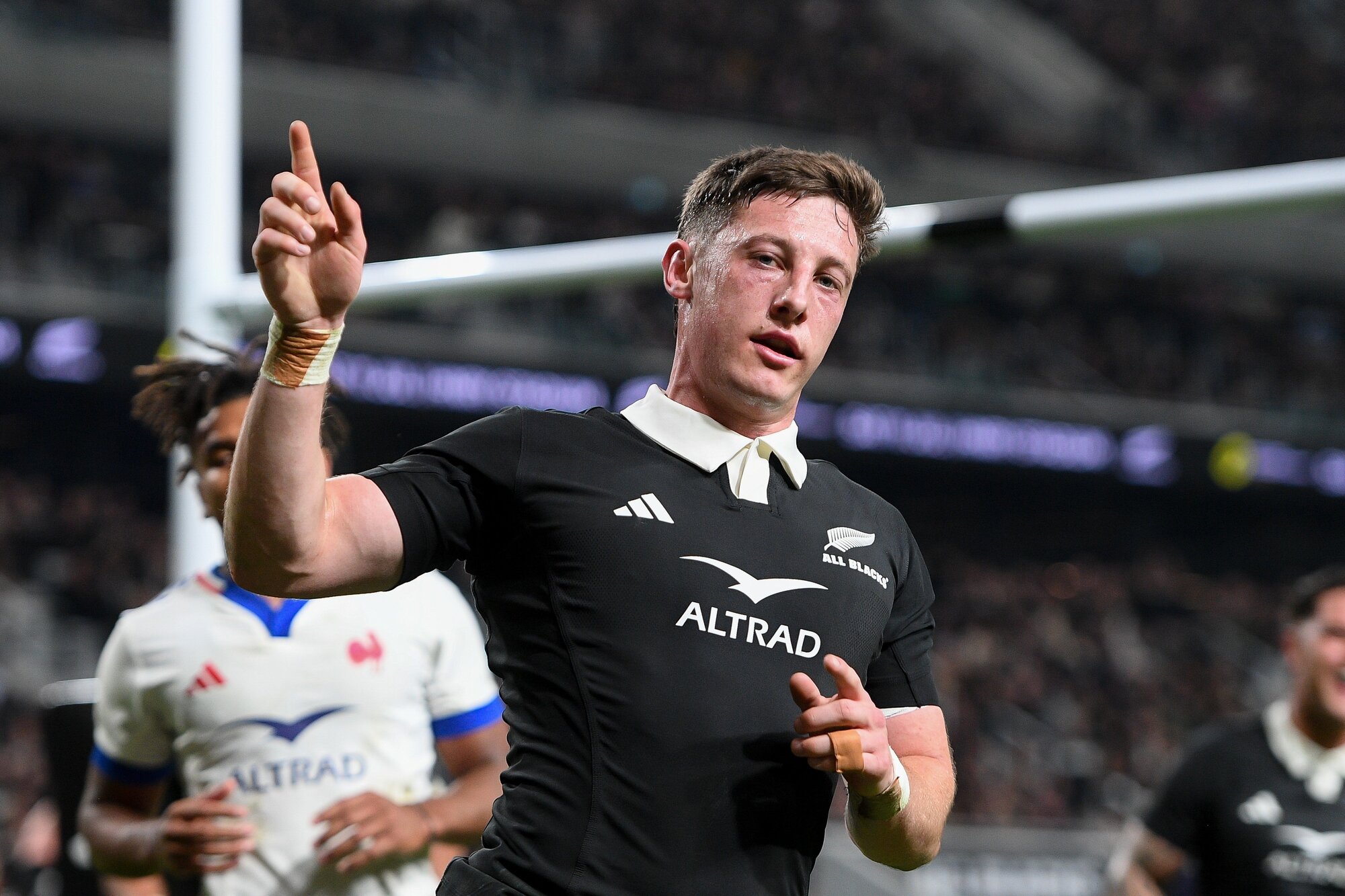 Cam Roigard celebrates his try. Photo / Photosport