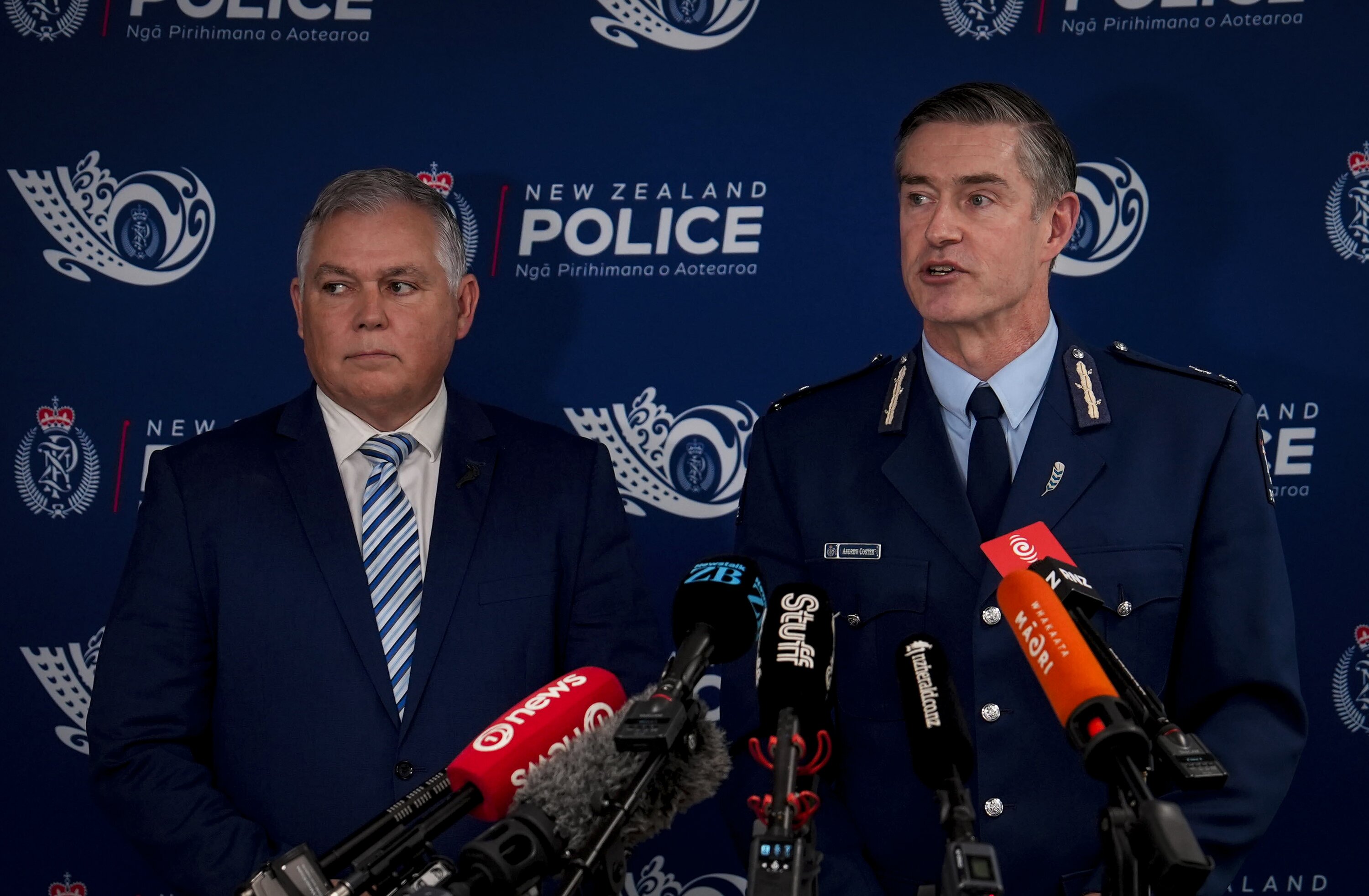 Police Minister Mark Mitchell and Police Comissioner Andrew Coster press coference on gangs at the Auckland Police Headquarters in Central Auckland. Photo / Ben Dickens